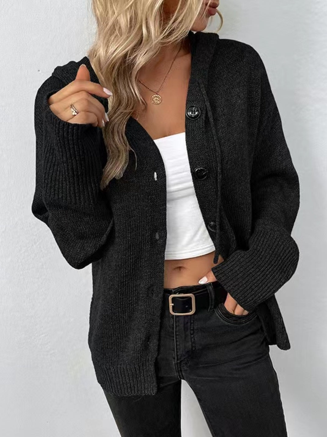 Black Hooded Long Sleeves Solid Polyester Open Front Jacket