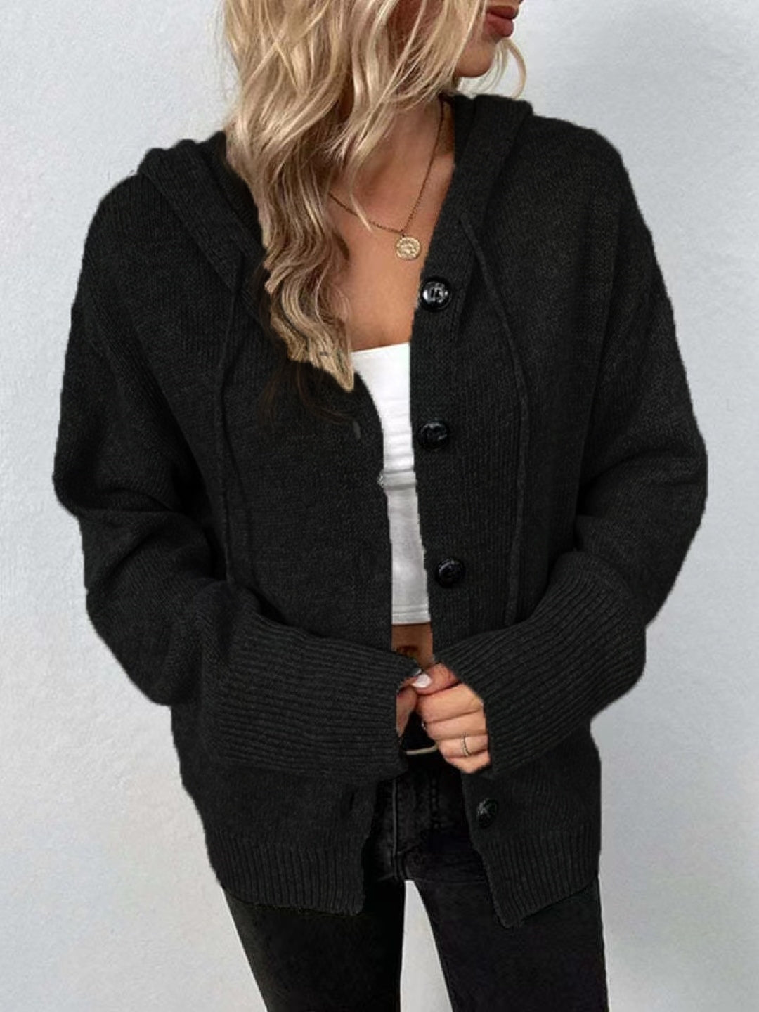 Black Hooded Long Sleeves Solid Polyester Open Front Jacket