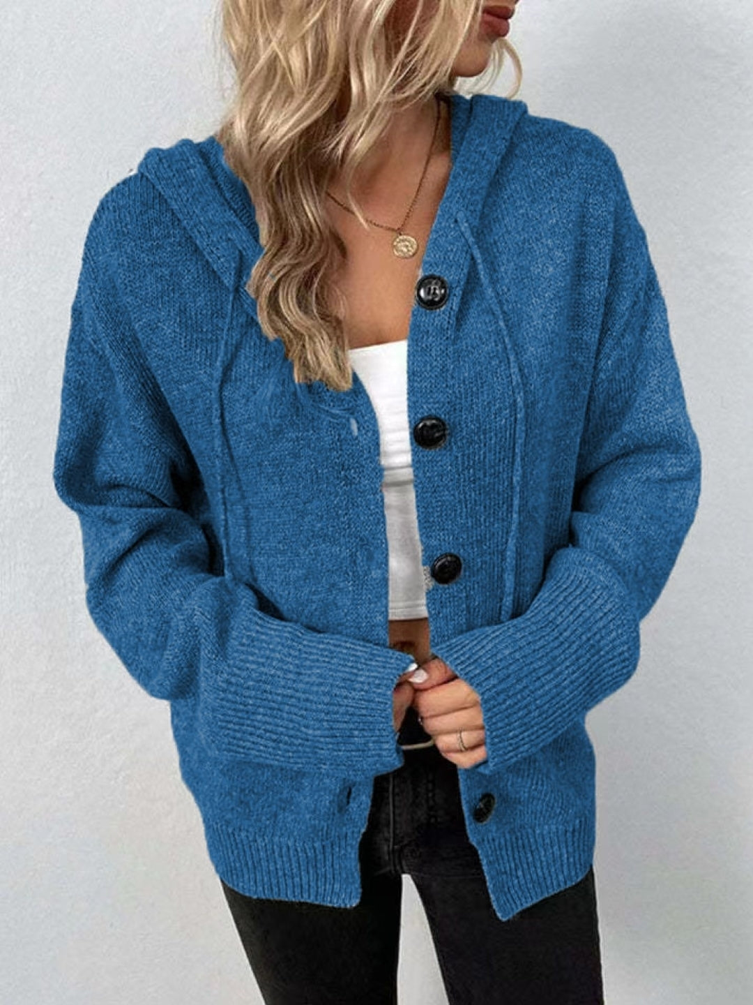 Blue Hooded Long Sleeves Solid Polyester Open Front Jacket