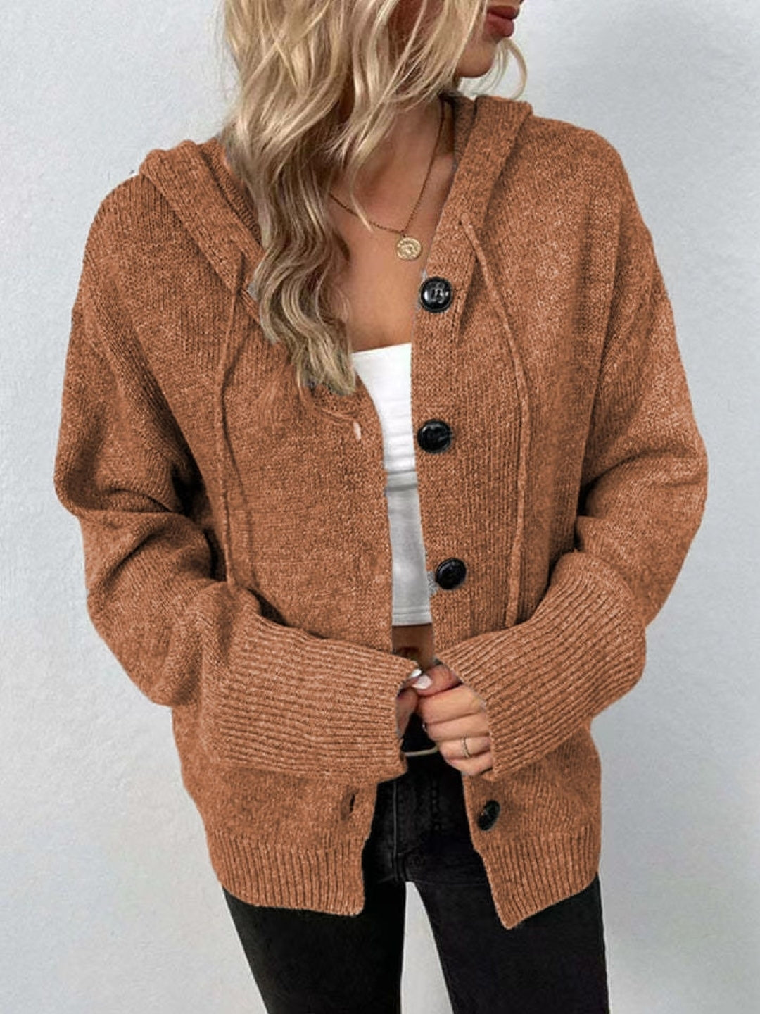 Brown Hooded Long Sleeves Solid Polyester Open Front Jacket