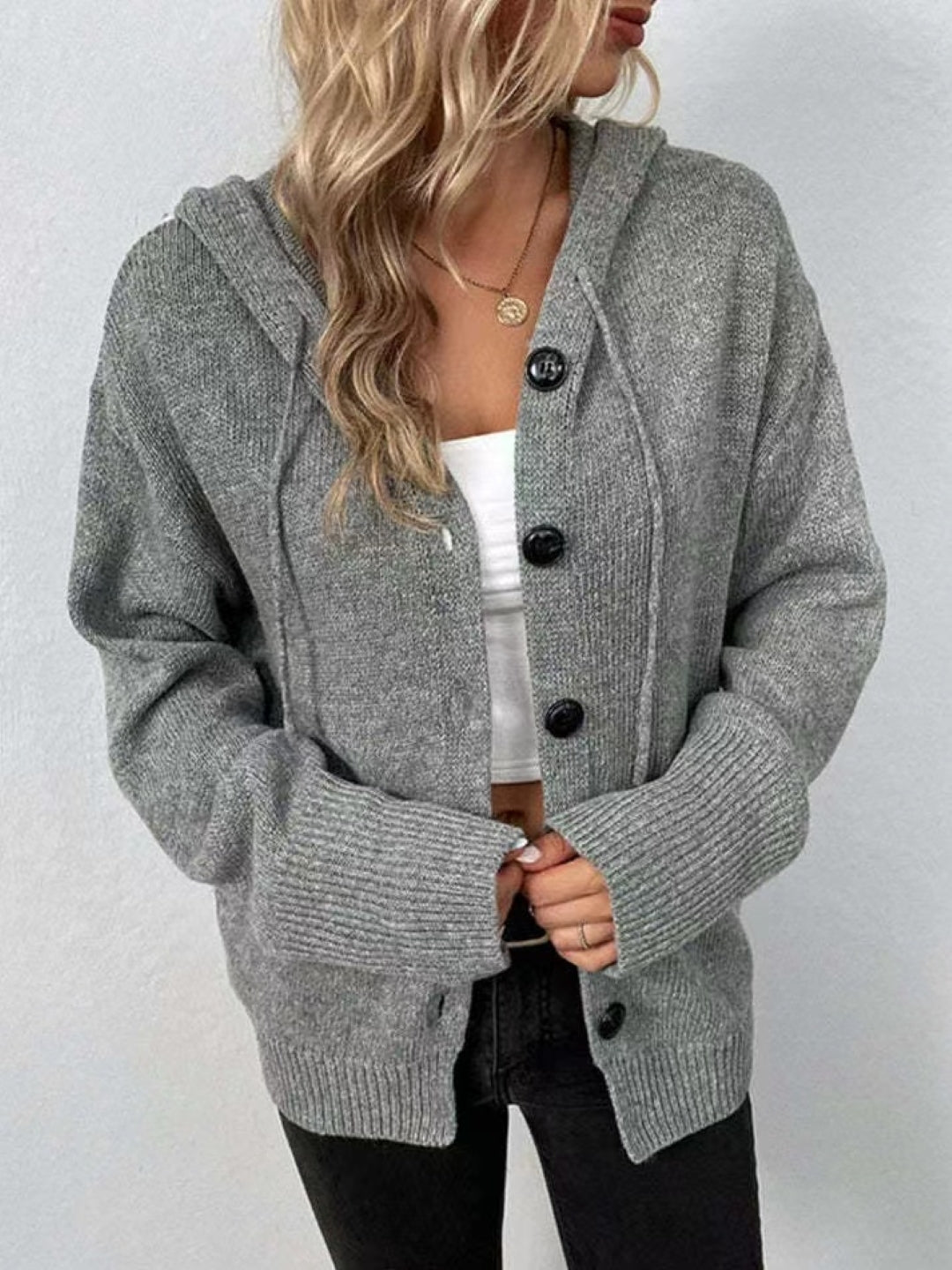 Grey Hooded Long Sleeves Solid Polyester Open Front Jacket