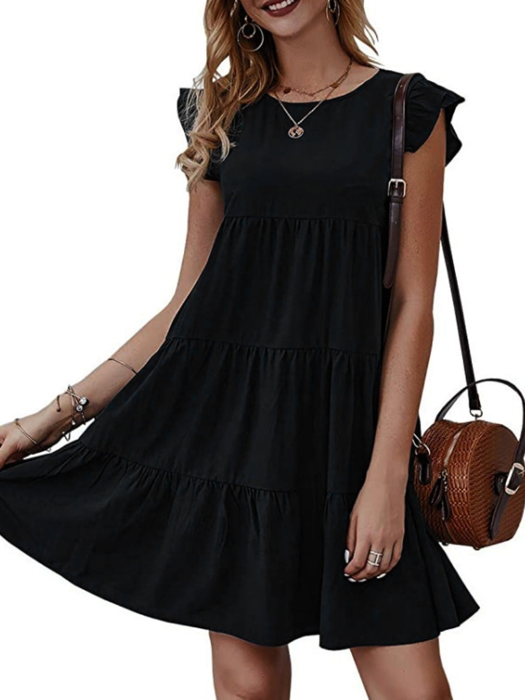 Black Round Neck A-Line Party Solid Sleeveless Above Knee Polyester Dress