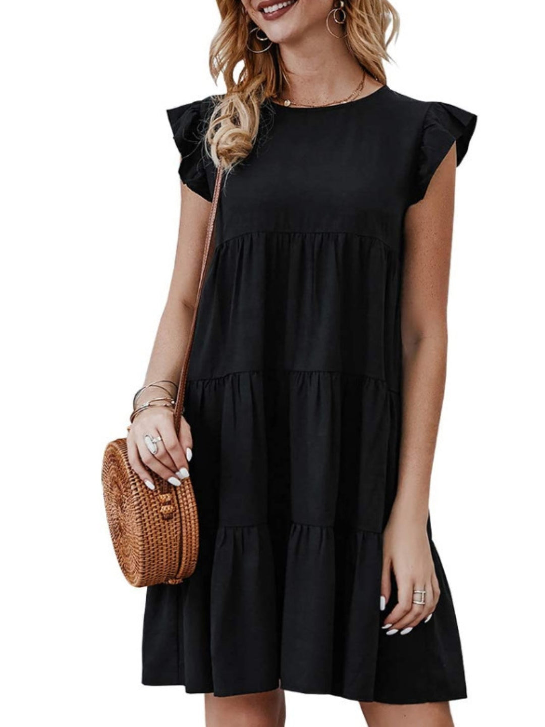 Black Round Neck A-Line Party Solid Sleeveless Above Knee Polyester Dress