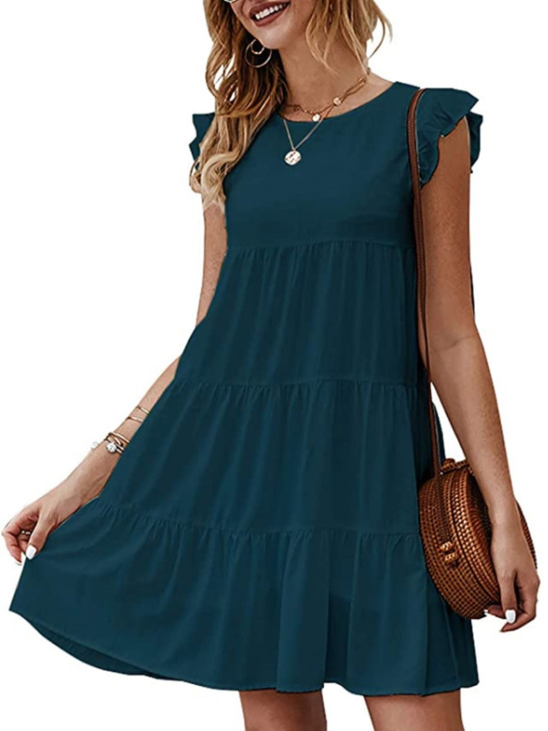 Blue Round Neck A-Line Party Solid Sleeveless Above Knee Polyester Dress