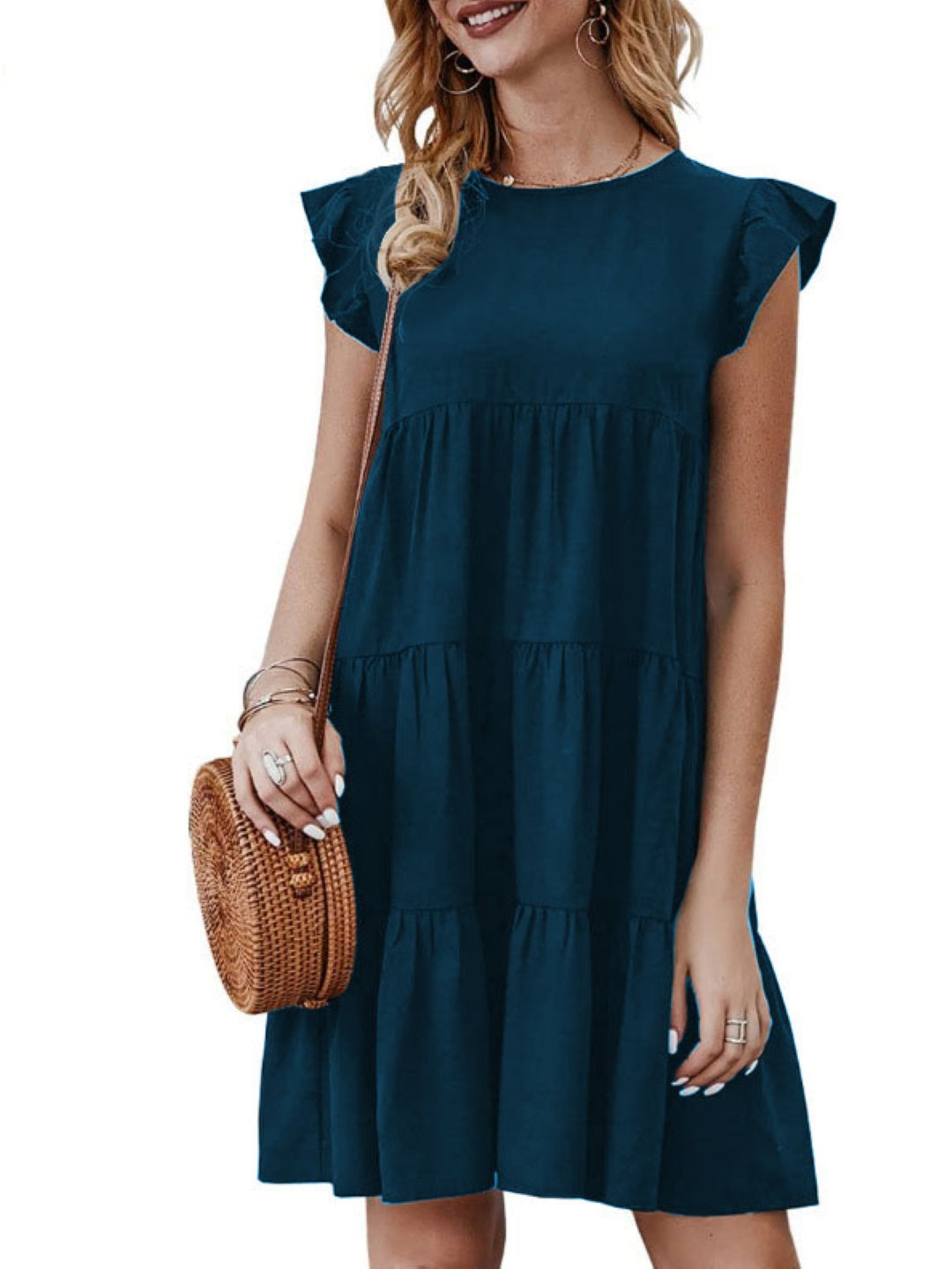 Blue Round Neck A-Line Party Solid Sleeveless Above Knee Polyester Dress