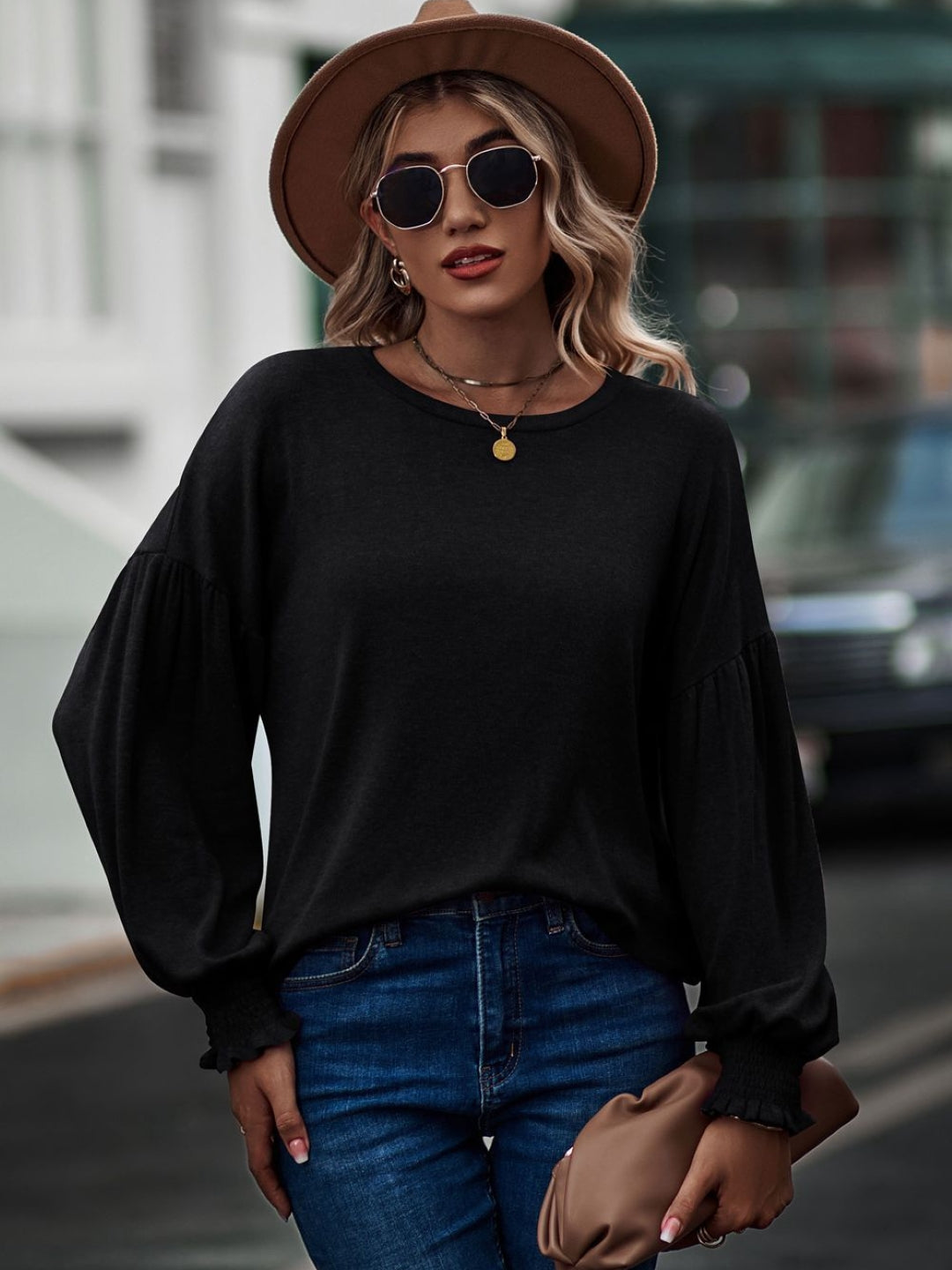 Black Round Neck Solid Long Sleeves Woven Polyester Tops