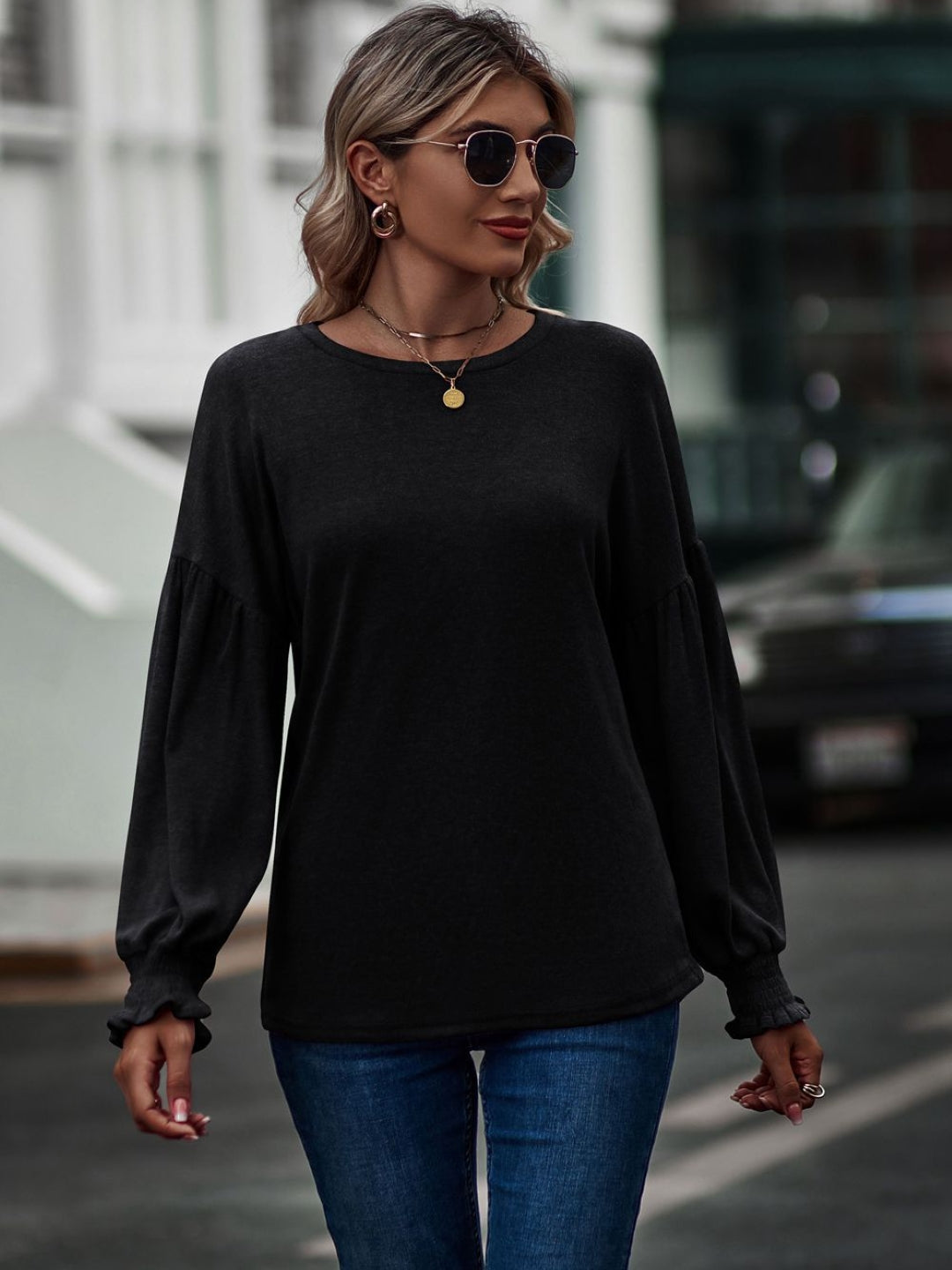 Black Round Neck Solid Long Sleeves Woven Polyester Tops