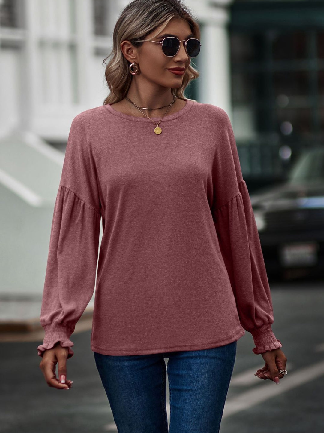 Burgundy Round Neck Solid Long Sleeves Woven Polyester Tops