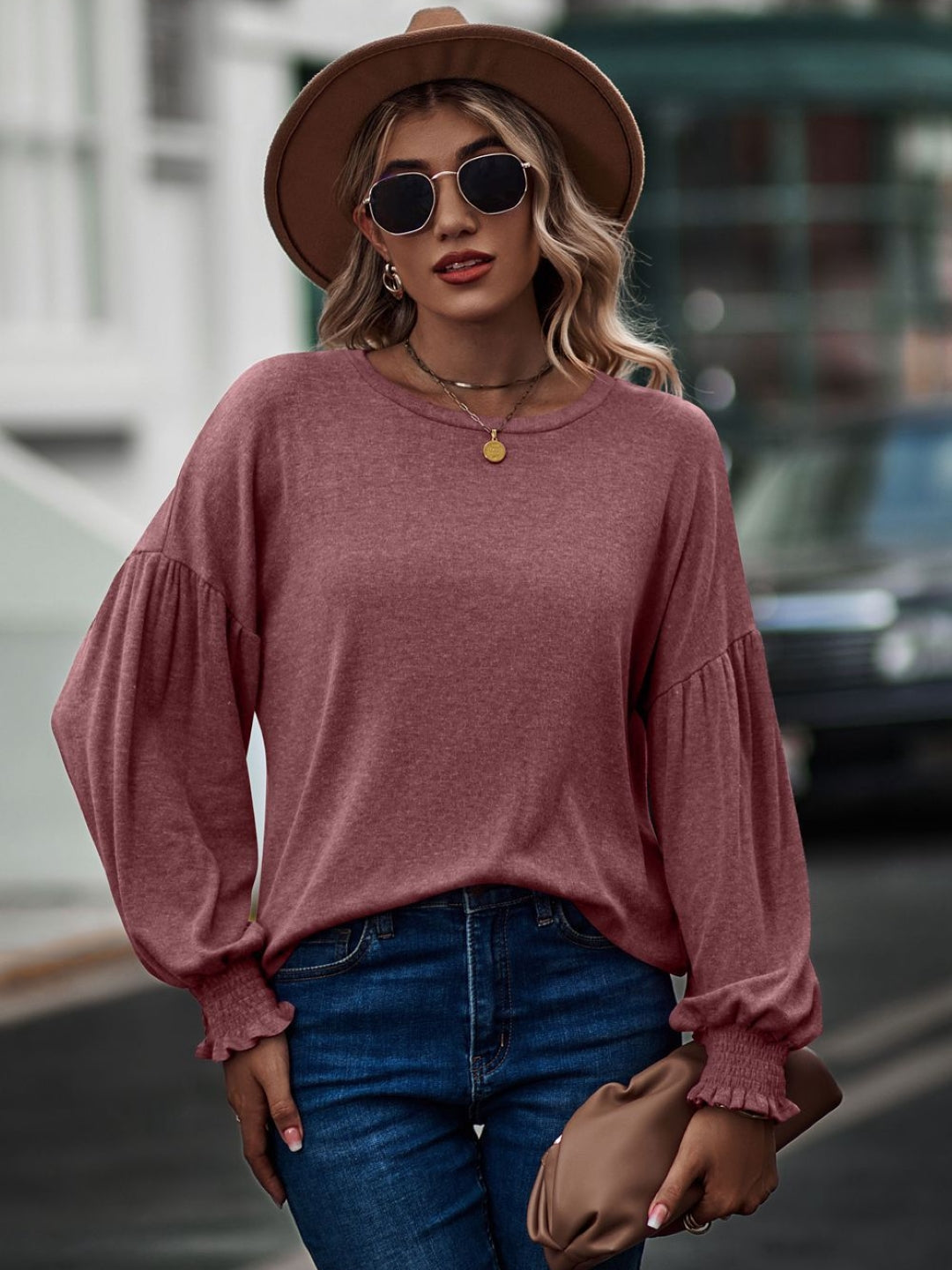 Burgundy Round Neck Solid Long Sleeves Woven Polyester Tops