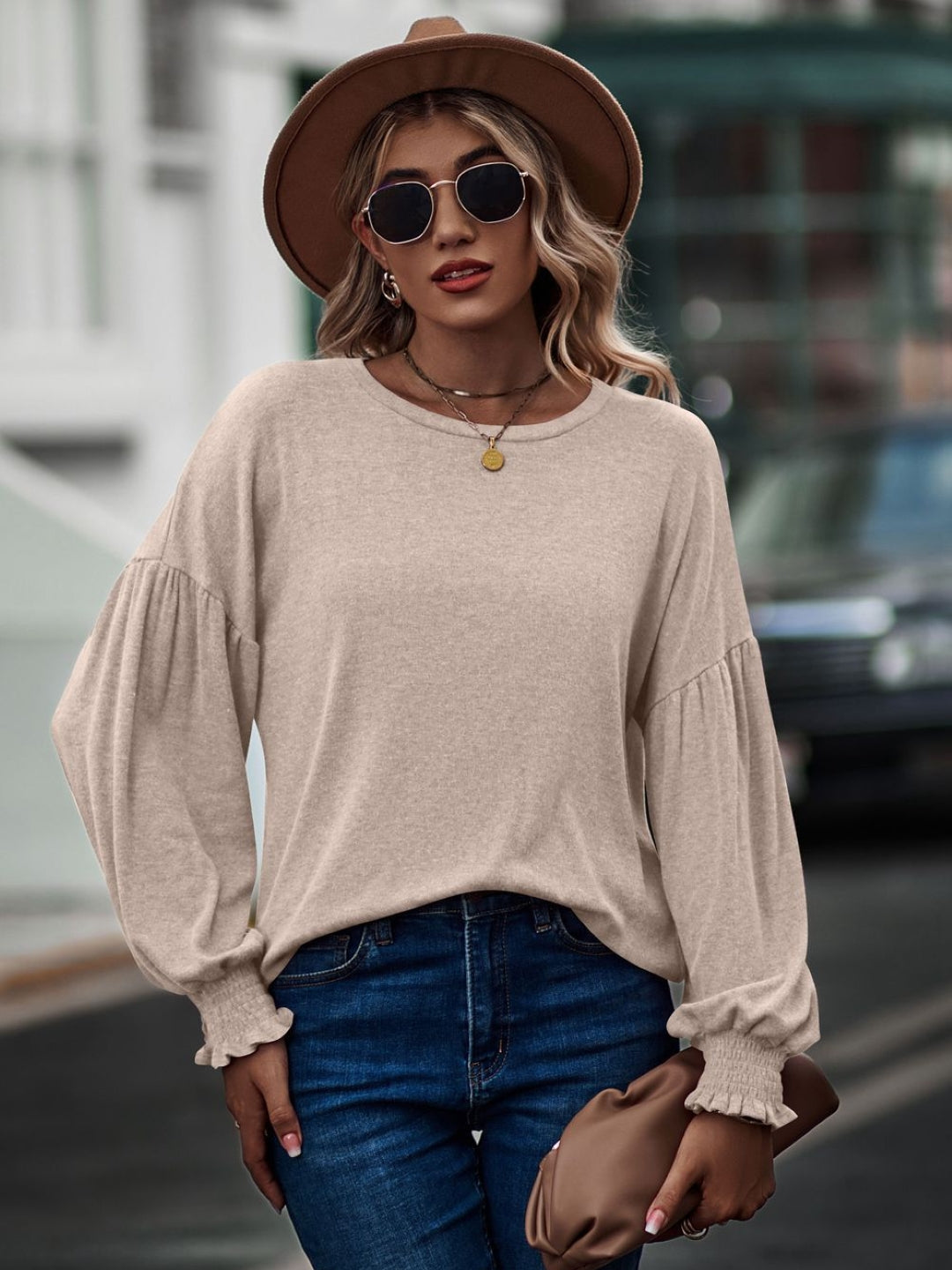 Cream Round Neck Solid Long Sleeves Woven Polyester Tops