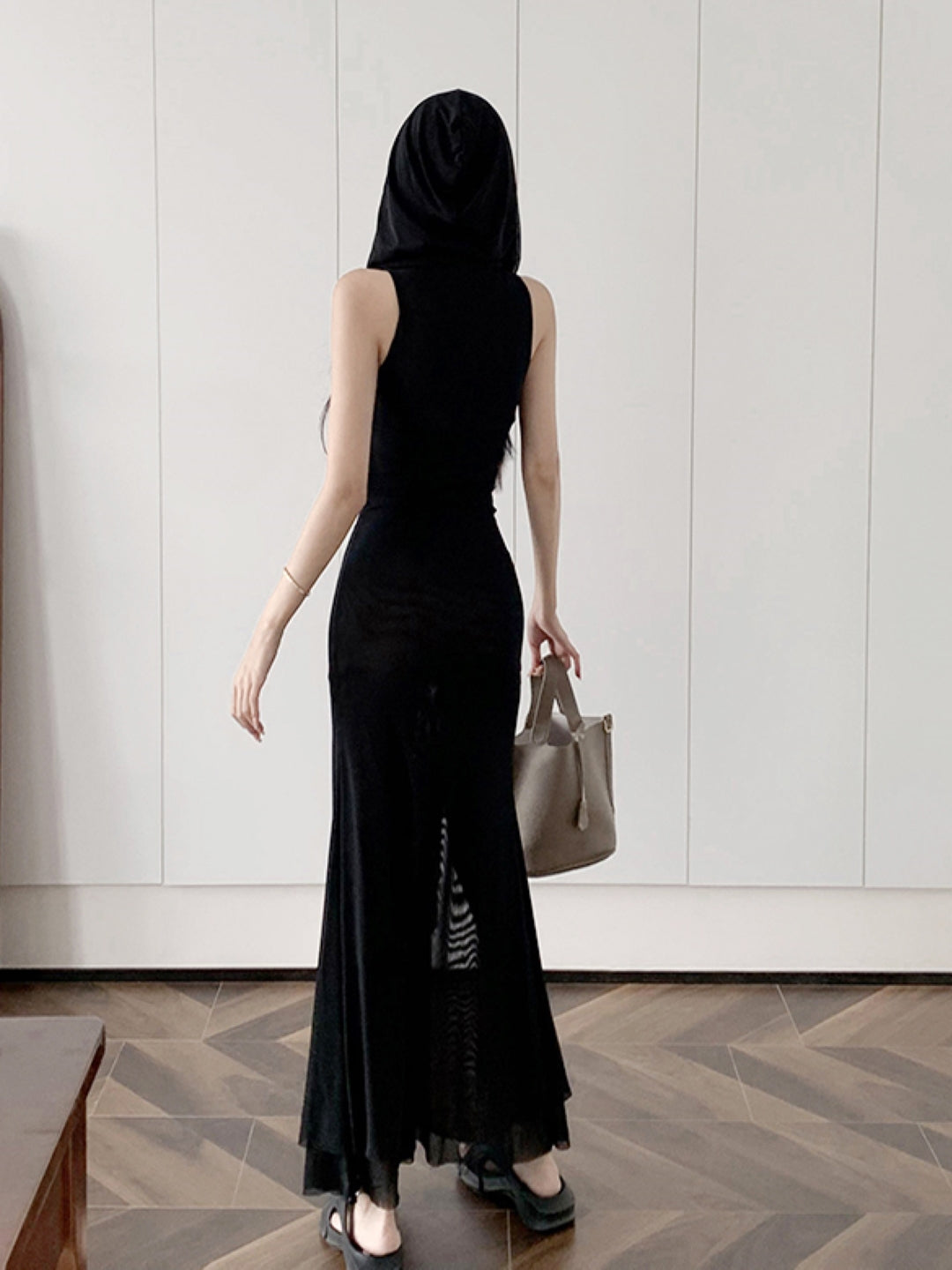 Black Square Neck Solid Short Sleeves Maxi Bodycon Polyester Dress