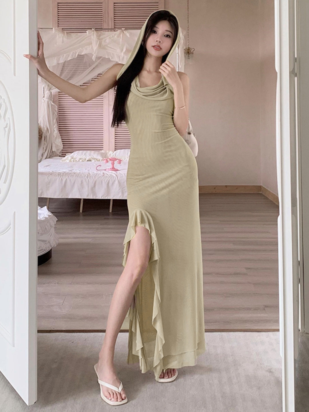 Cream Square Neck Solid Short Sleeves Maxi Bodycon Polyester Dress