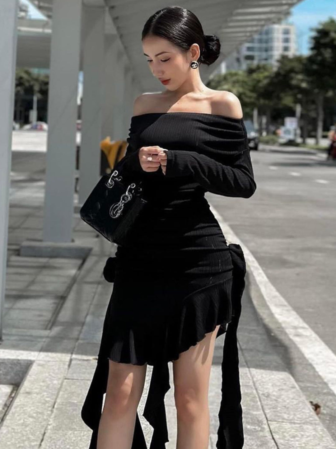 Black Off-Shoulder Solid Long Sleeves Above Knee Bodycon Polyester Dress