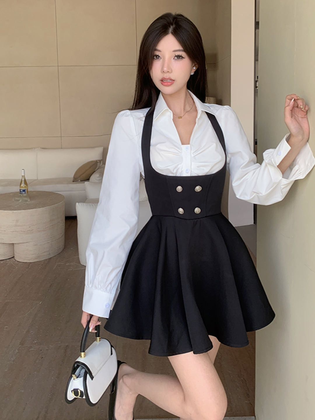 White Shirt Collar Solid Long Sleeves Above Knee A-Line Polyester Dress