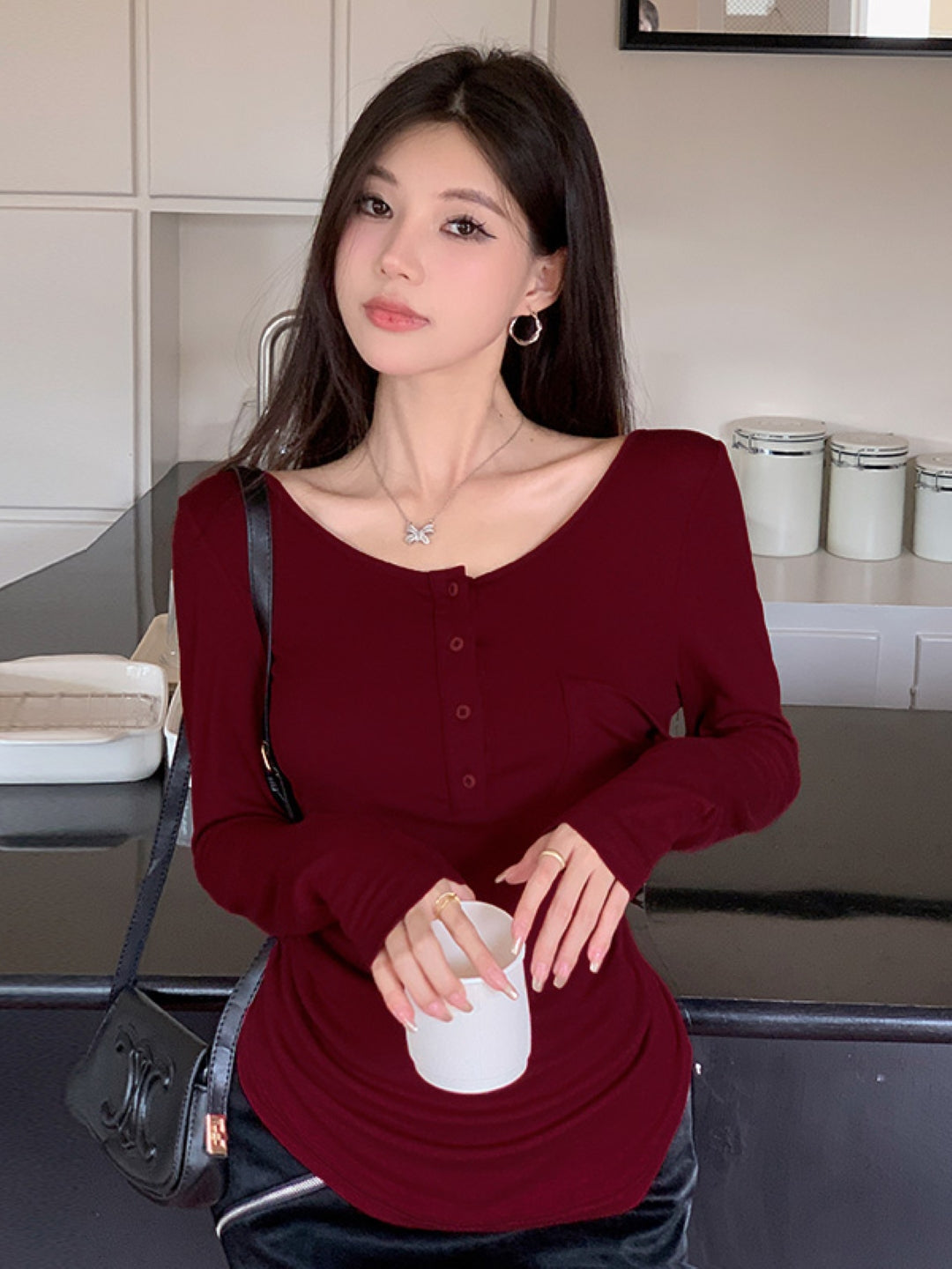 Burgundy Round Neck Long Sleeves Solid Opaque Polyester Top