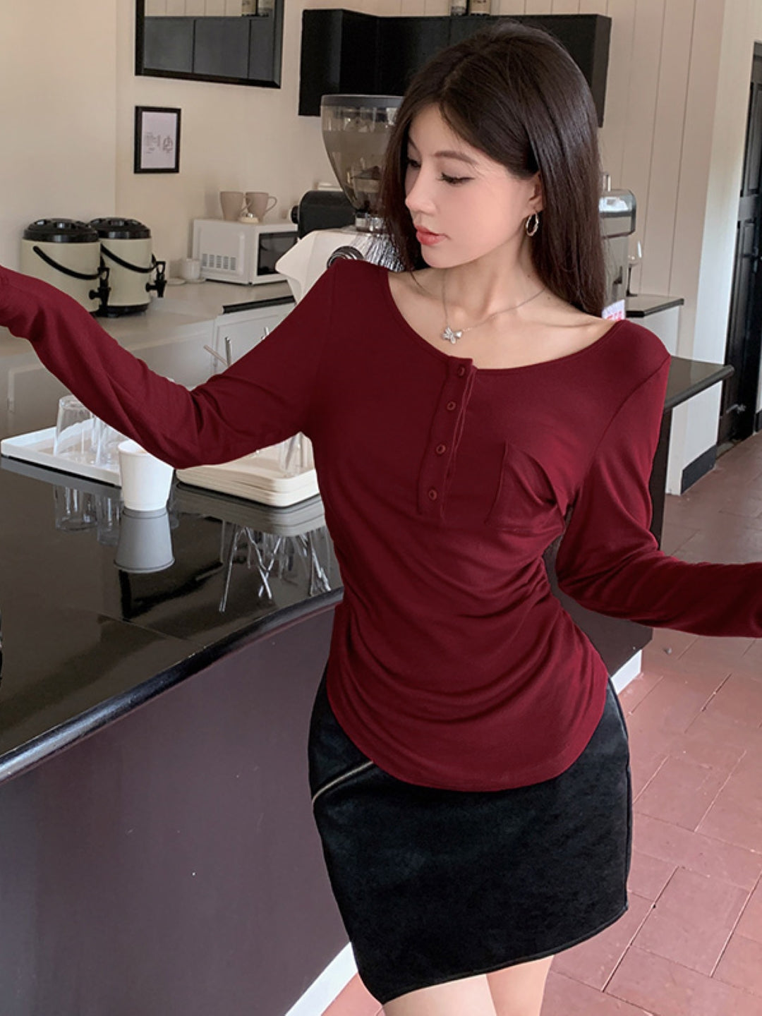 Burgundy Round Neck Long Sleeves Solid Opaque Polyester Top