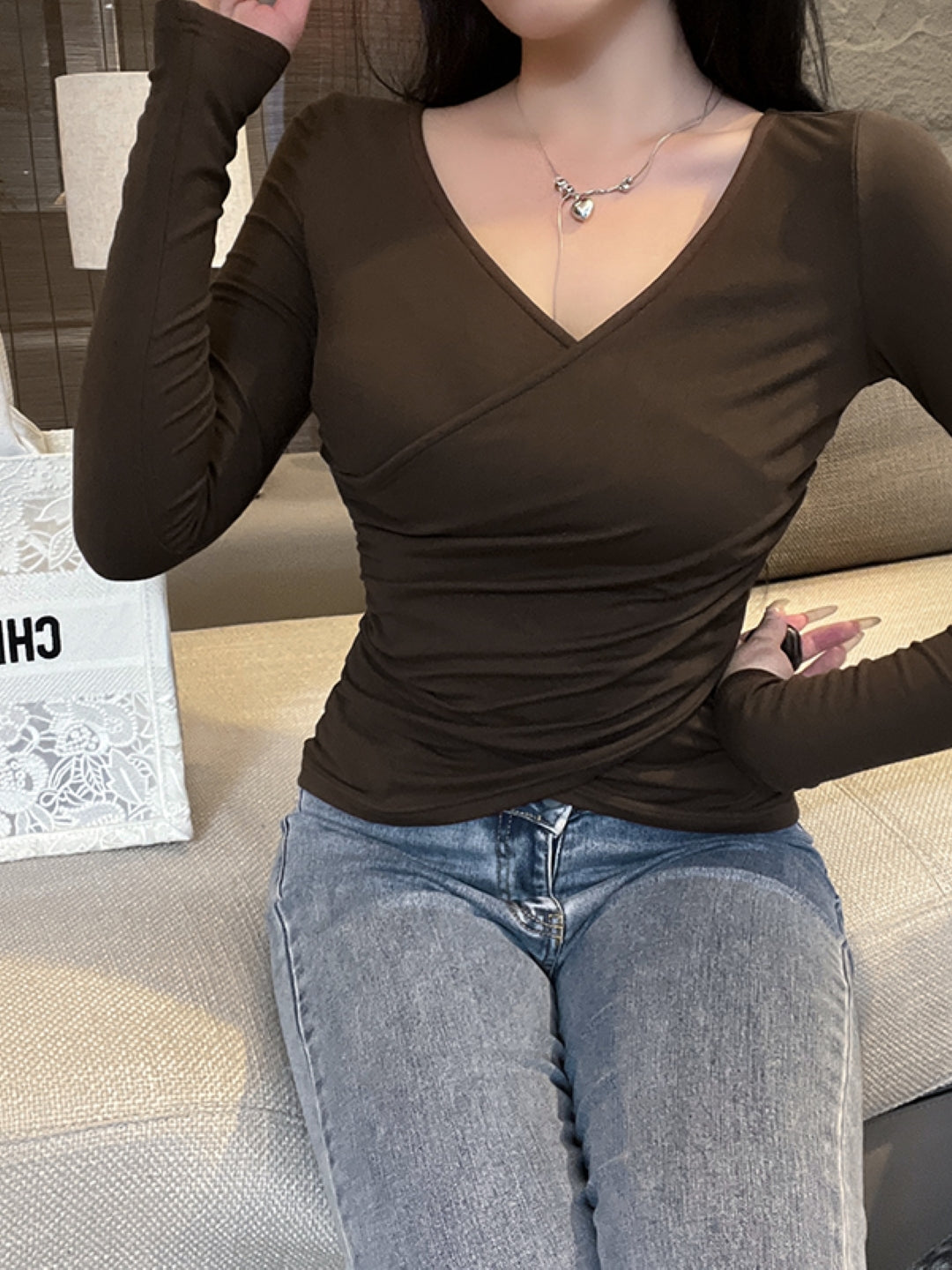 Brown V-Neck Long Sleeves Solid Opaque Polyester Top