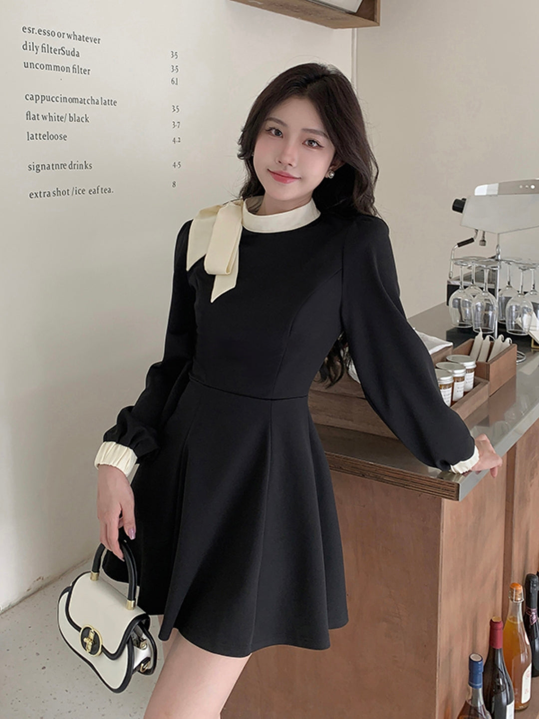 Black Round Neck Solid Long Sleeves Above Knee A-Line Polyester Dress