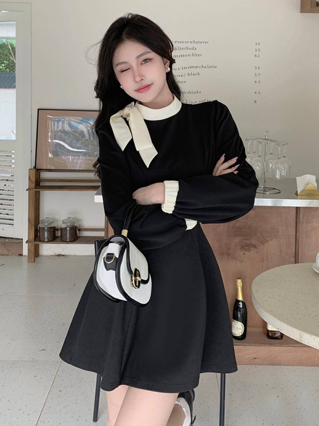 Black Round Neck Solid Long Sleeves Above Knee A-Line Polyester Dress