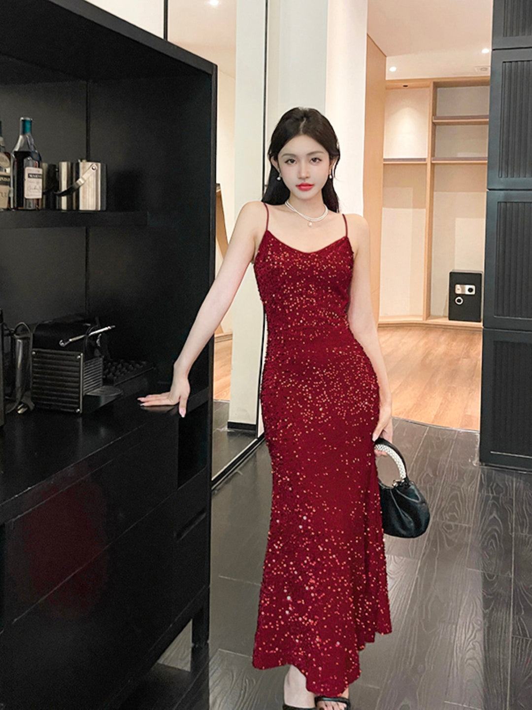 Red Shoulder Straps Solid Sleeveless Maxi A-Line Polyester Dress