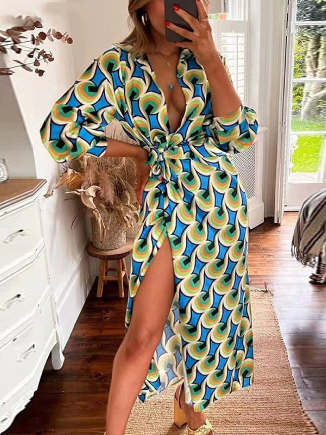 Blue Shirt Collar Fit and Flare Party Geometric Three-Quarter Sleeves Maxi Polyester Dress