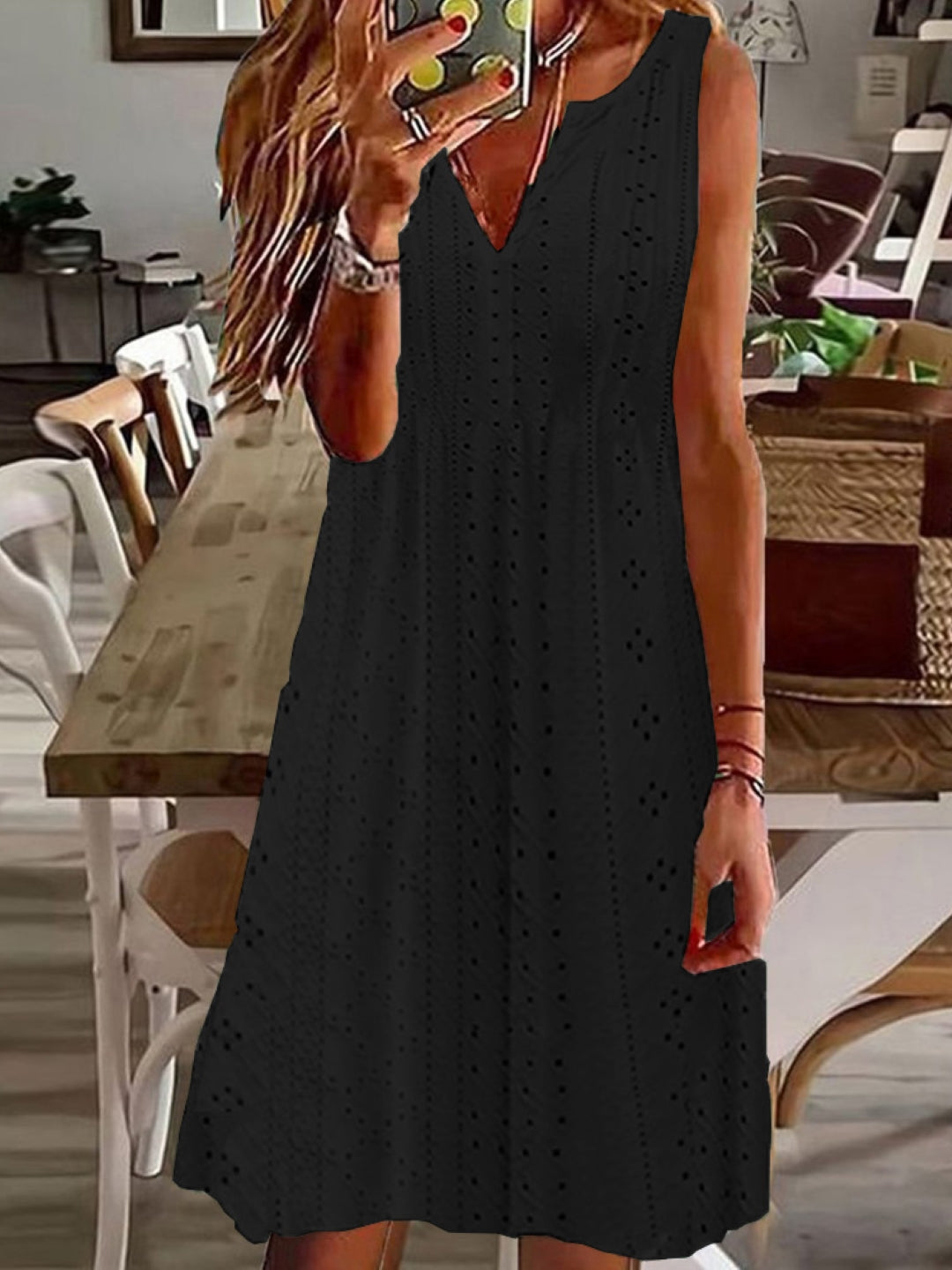 Black V-Neck A-Line Party Solid Sleeveless Knee Length Polyester Dress