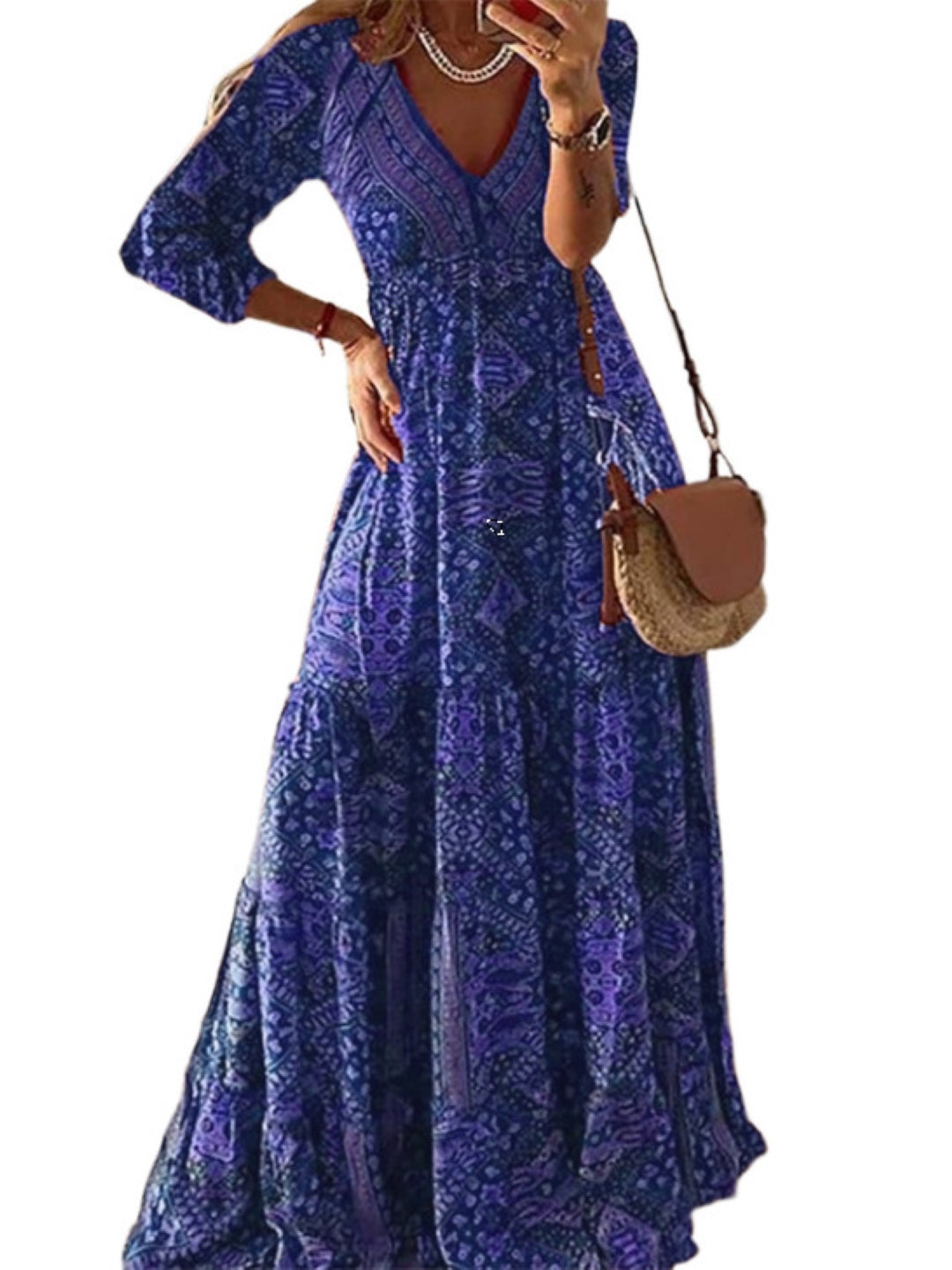 Blue V-Neck A-Line Party Ethnic Motifs Three-Quarter Sleeves Maxi Polyester Dress