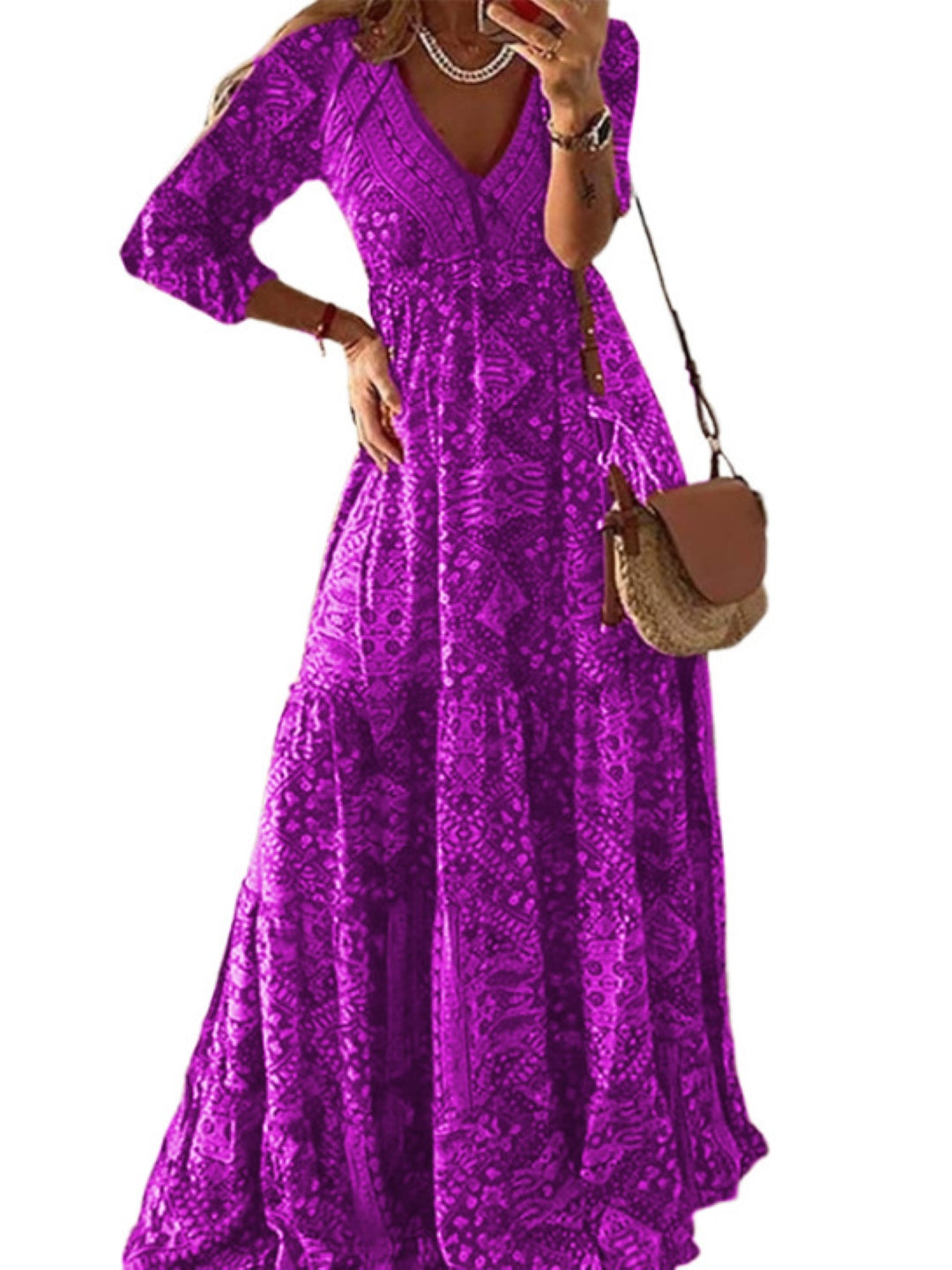 Purple V-Neck A-Line Party Ethnic Motifs Three-Quarter Sleeves Maxi Polyester Dress