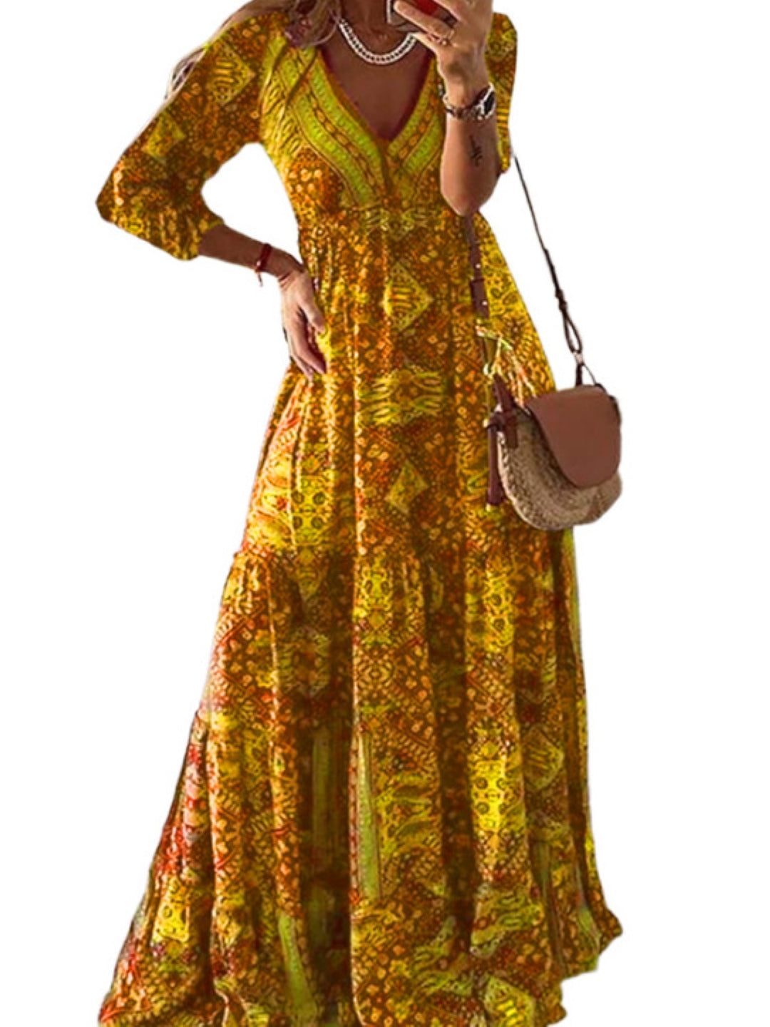 Yellow V-Neck A-Line Party Ethnic Motifs Three-Quarter Sleeves Maxi Polyester Dress