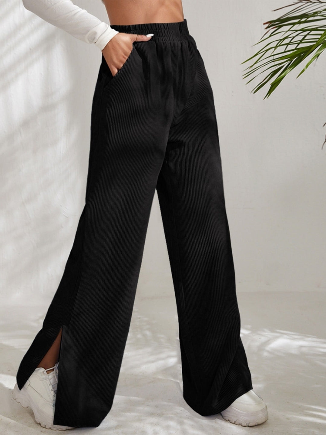 Black Solid Slip-On Mid-Rise Original Polyester Trouser