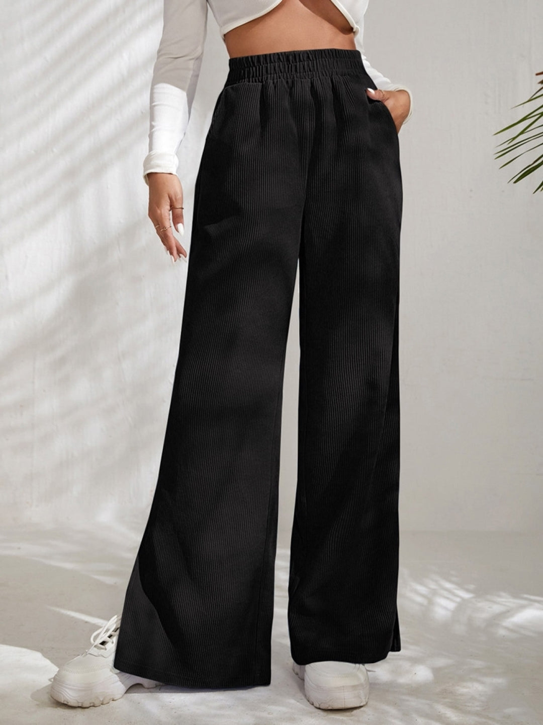 Black Solid Slip-On Mid-Rise Original Polyester Trouser