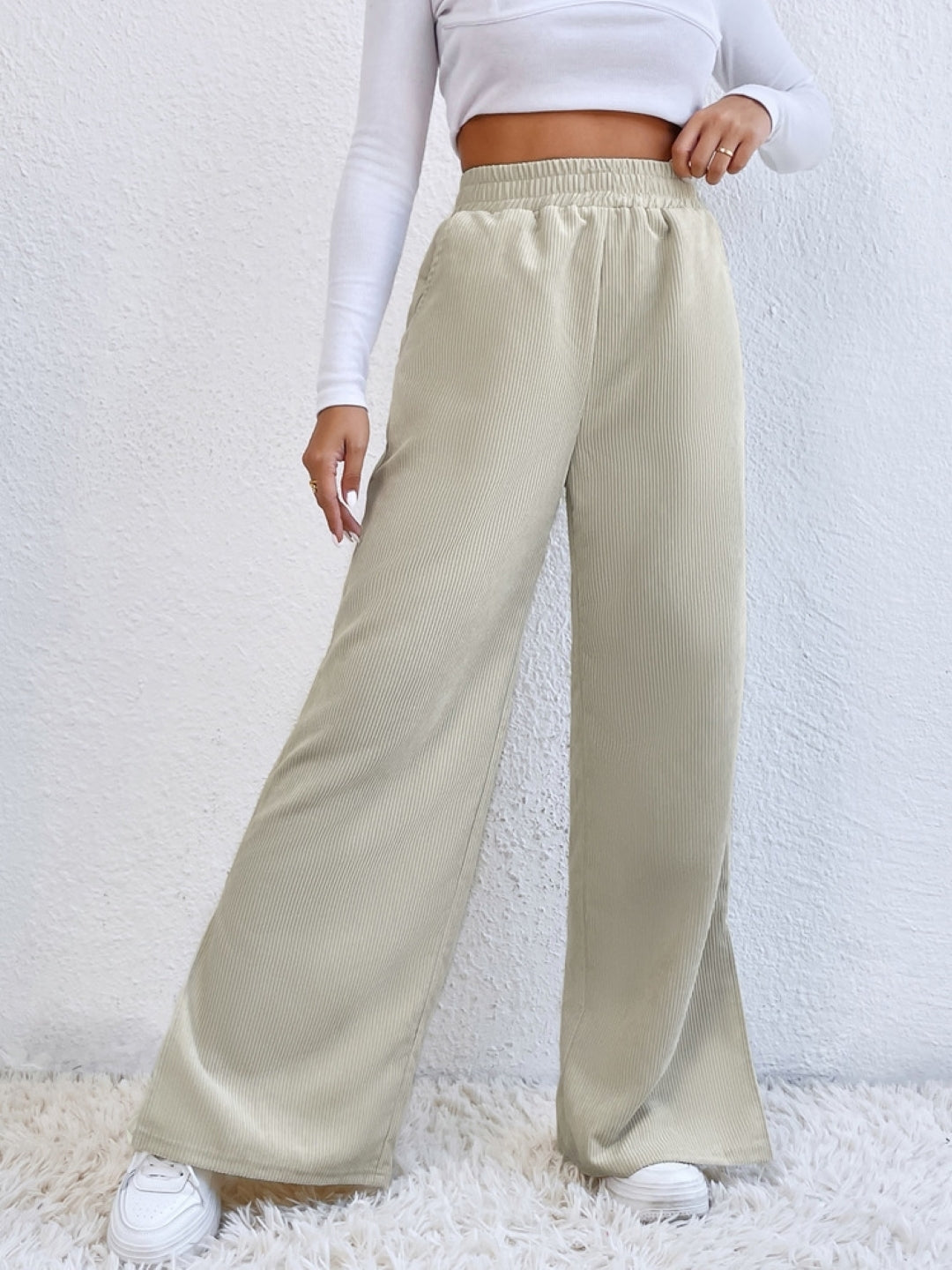 Cream Solid Slip-On Mid-Rise Original Polyester Trouser