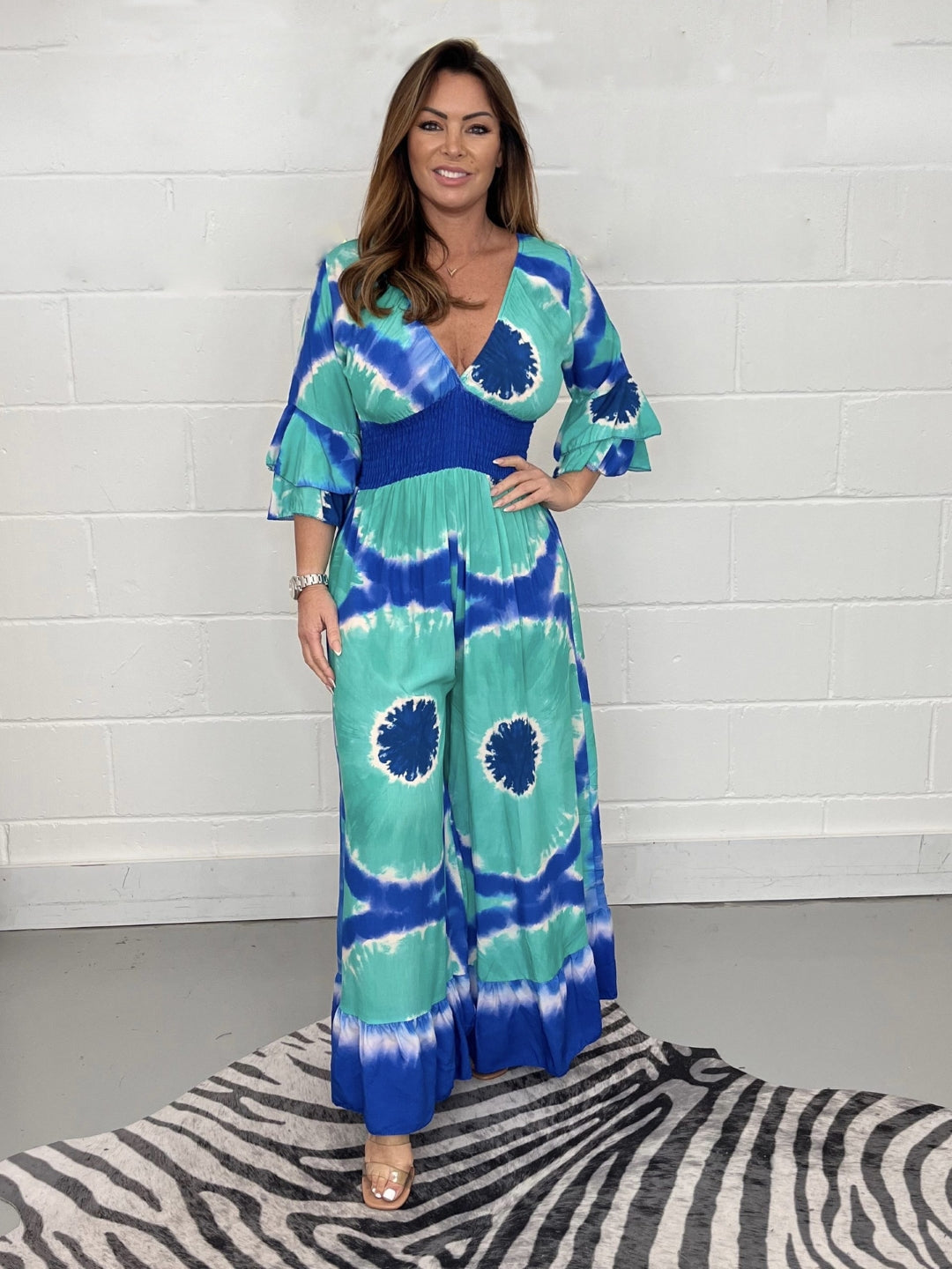 Blue V-Neck A-Line Party Abstract Three-Quarter Sleeves Maxi Polyester Dress