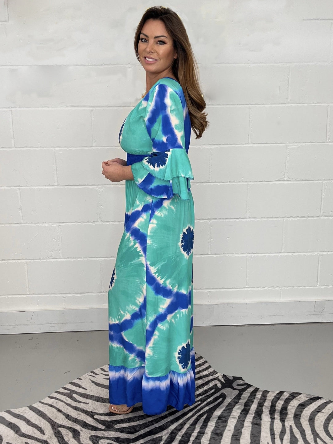 Blue V-Neck A-Line Party Abstract Three-Quarter Sleeves Maxi Polyester Dress