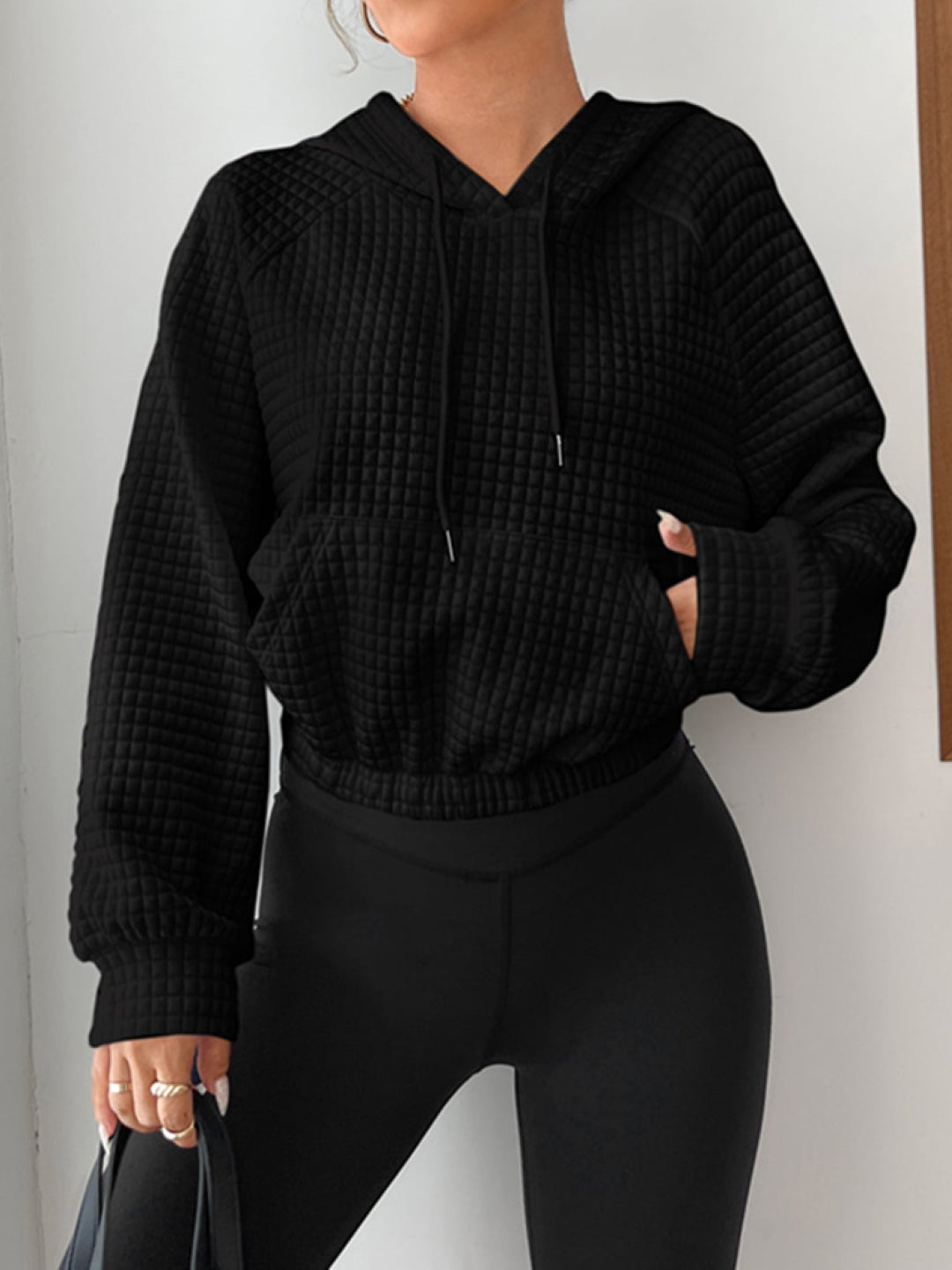 Black Hood Solid Long Sleeves Woven Polyester Tops