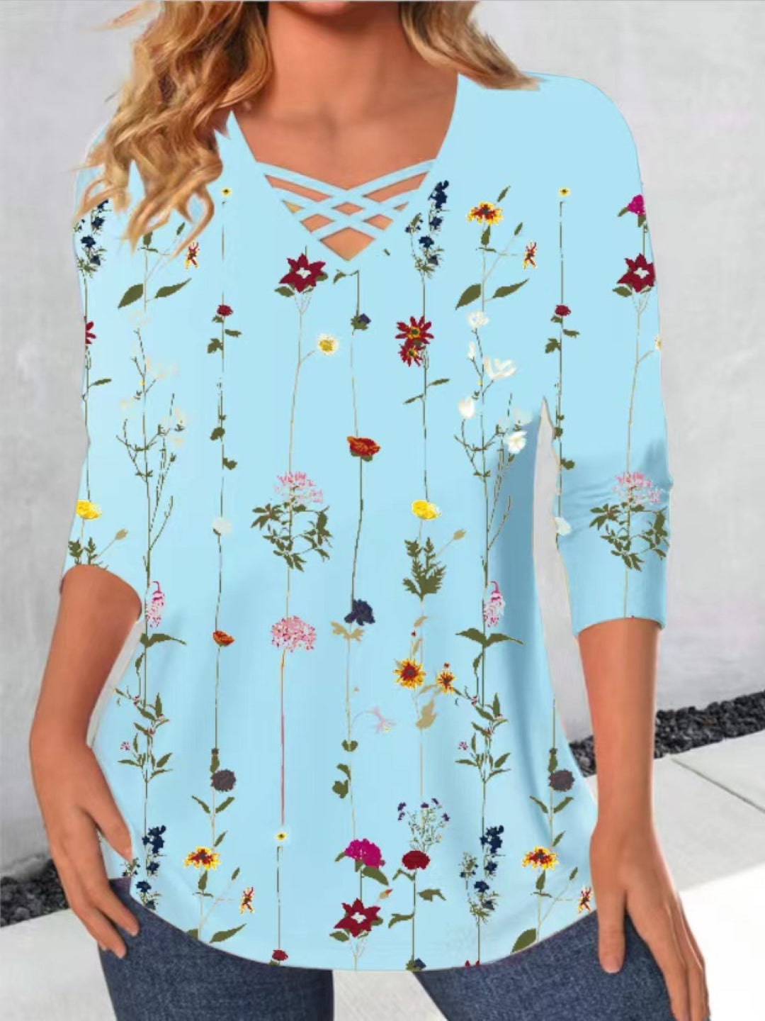 Blue V-Neck Floral Three-Quarter Sleeves Woven Polyester Tops