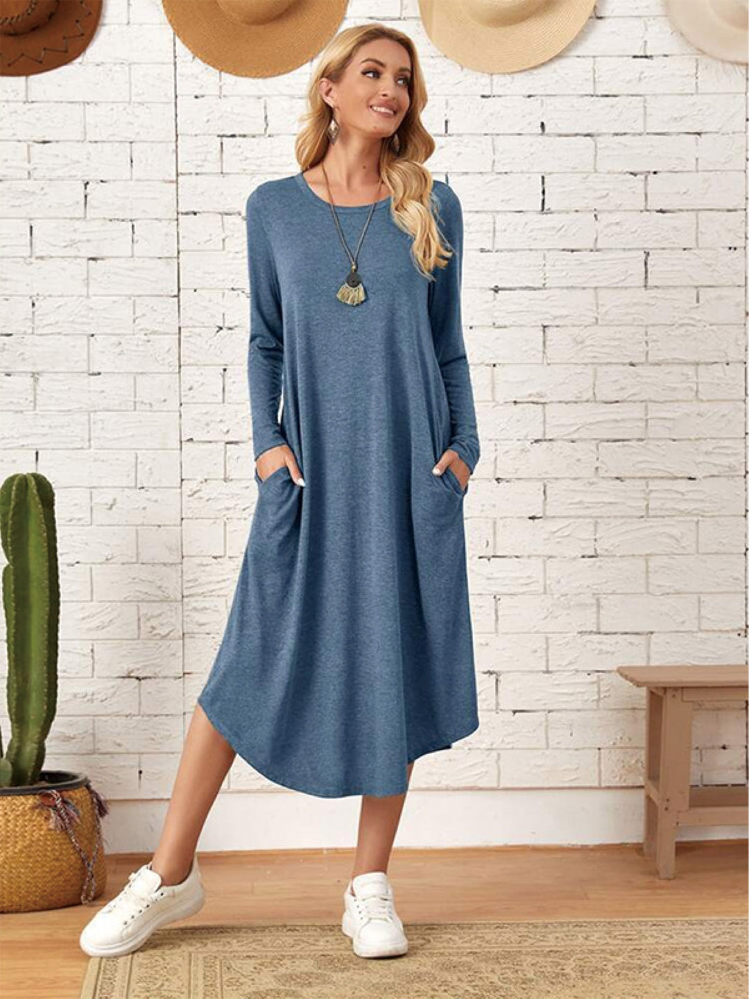 Blue Round Neck A-Line Party Solid Long Sleeves Maxi Polyester Dress