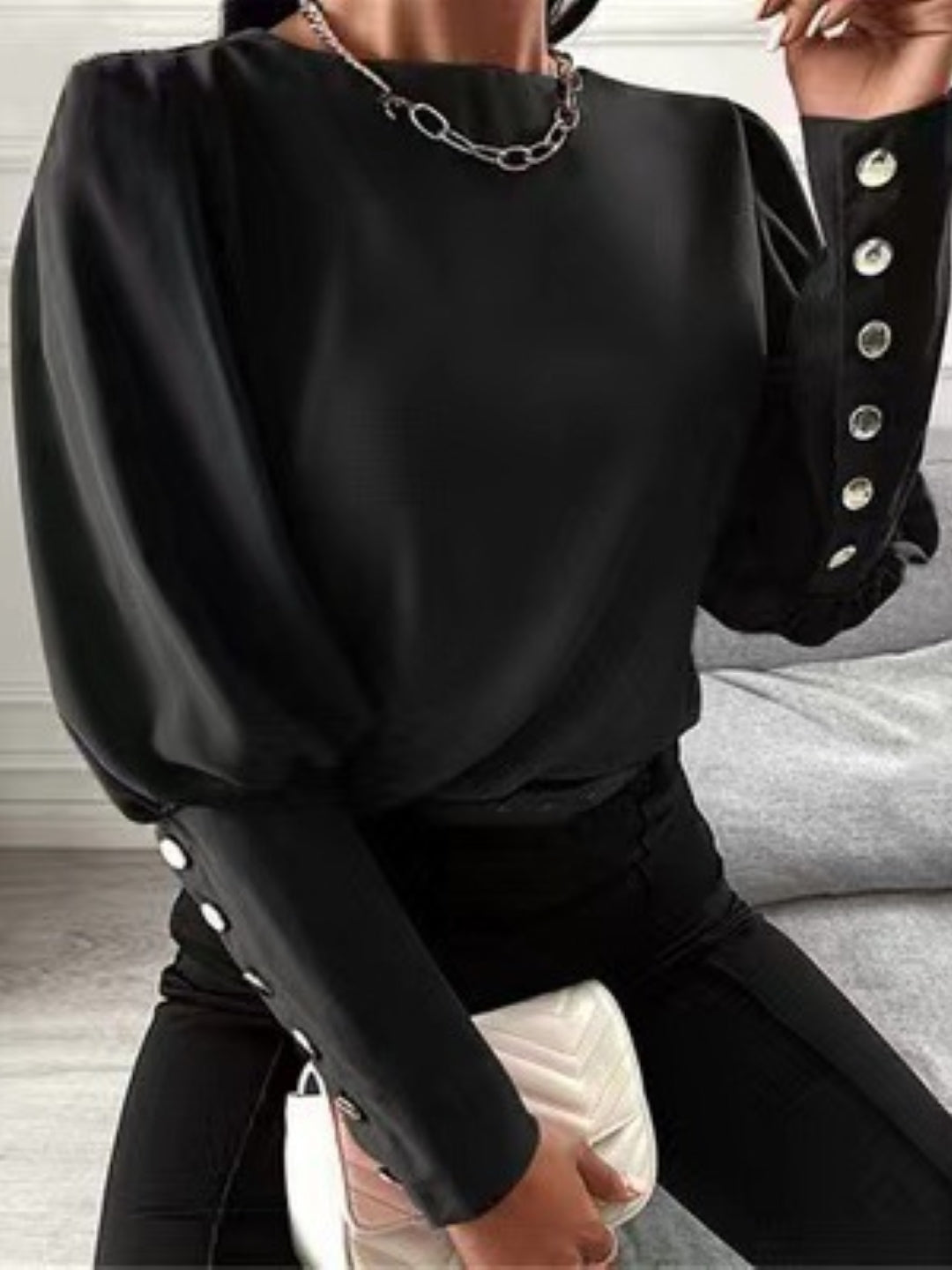 Black Round Neck Solid Long Sleeves Woven Polyester Tops