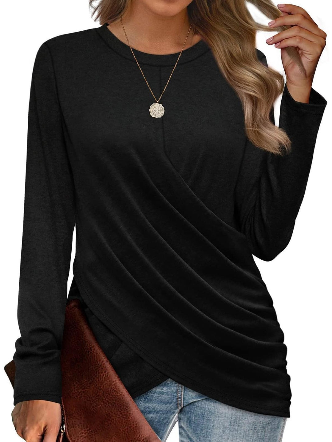 Black Round Neck Solid Long Sleeves Woven Polyester Tops