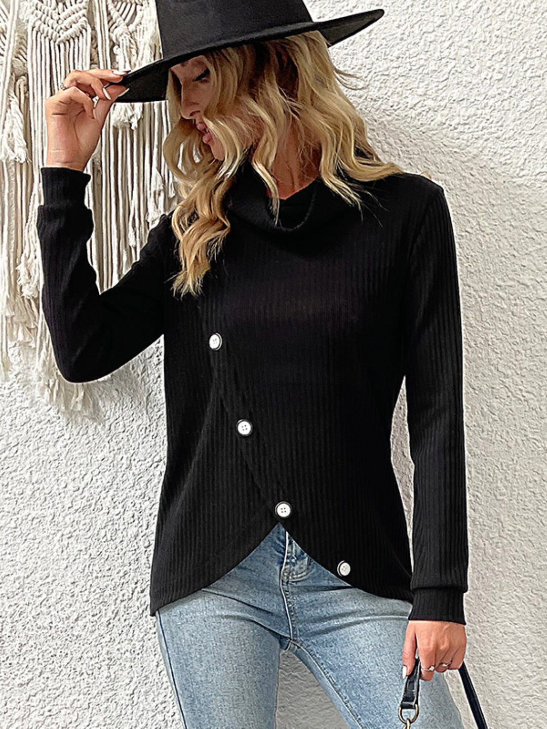 Black V-Neck Solid Long Sleeves Woven Polyester Tops