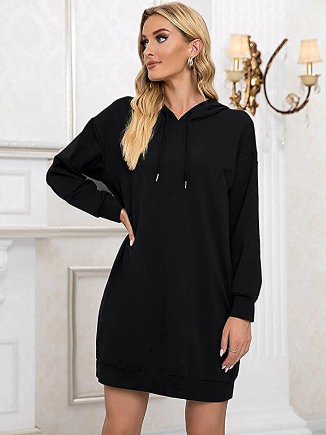 Black Hood Fit and Flare Party Solid Long Sleeves Knee Length Polyester Dress