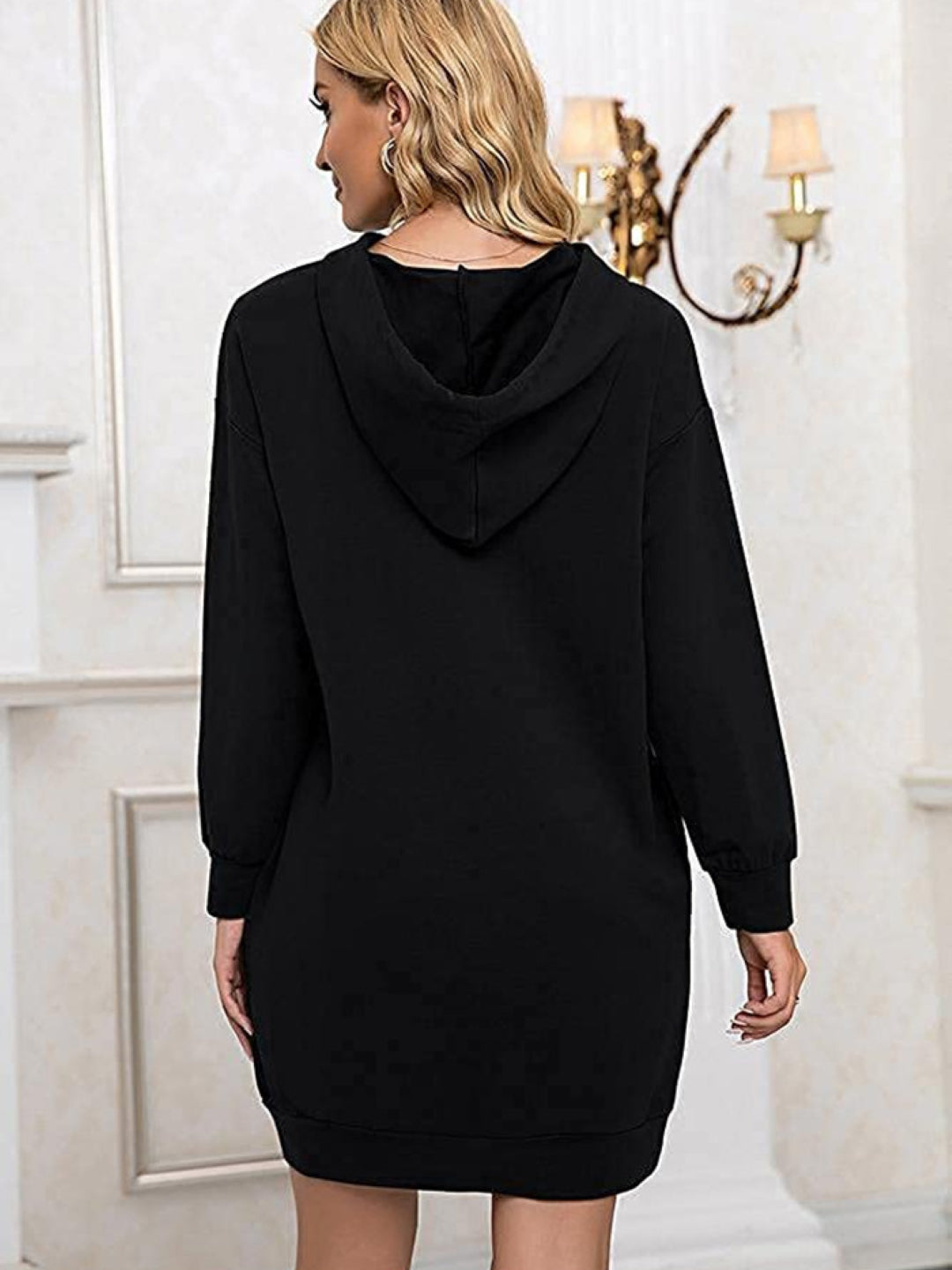 Black Hood Fit and Flare Party Solid Long Sleeves Knee Length Polyester Dress