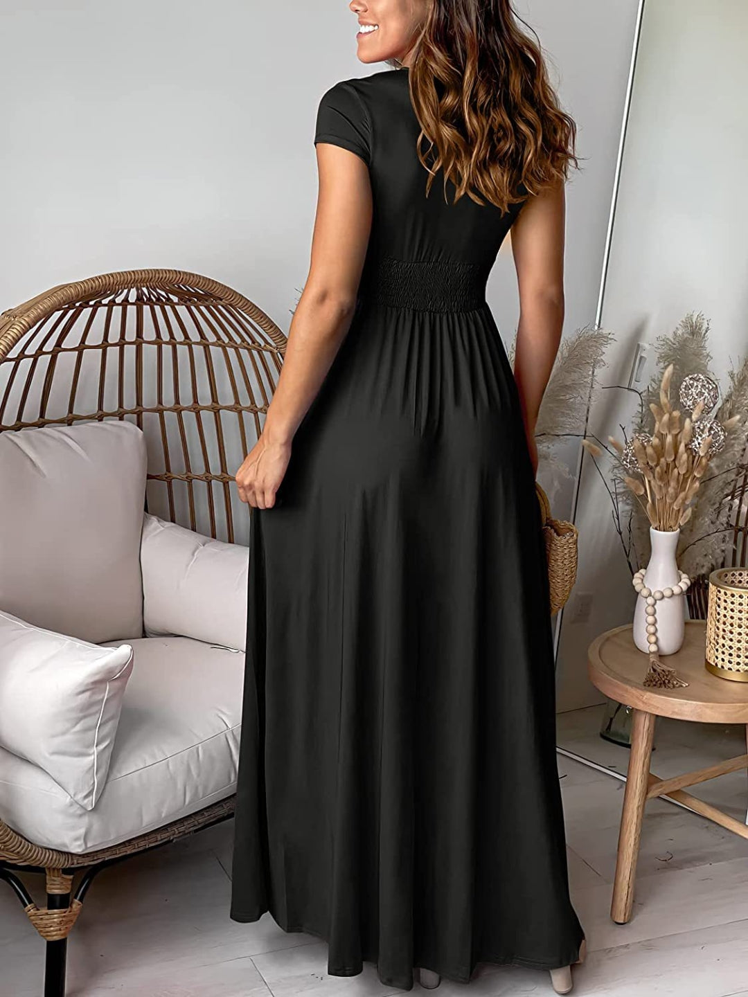 Black V-Neck A-Line Party Solid Short Sleeves Maxi Polyester Dress