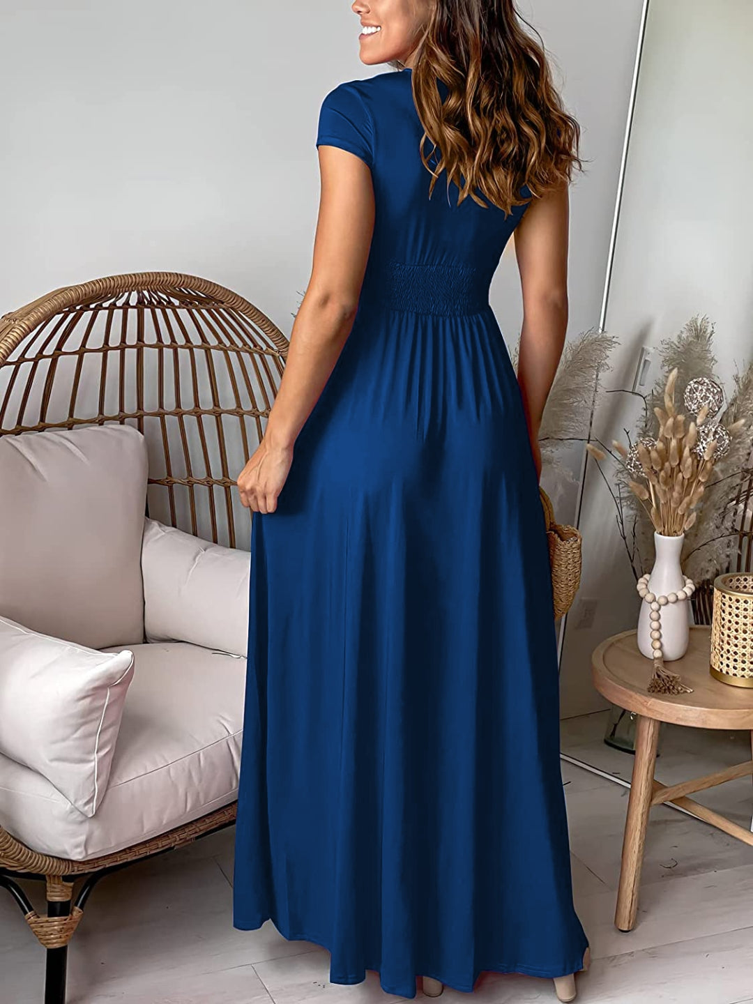 Blue V-Neck A-Line Party Solid Short Sleeves Maxi Polyester Dress