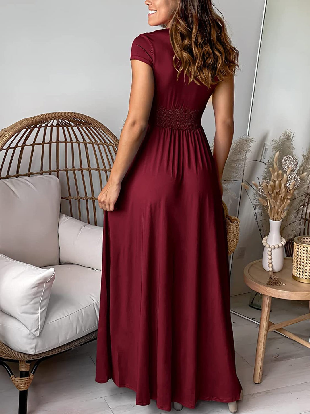 Burgundy V-Neck A-Line Party Solid Short Sleeves Maxi Polyester Dress