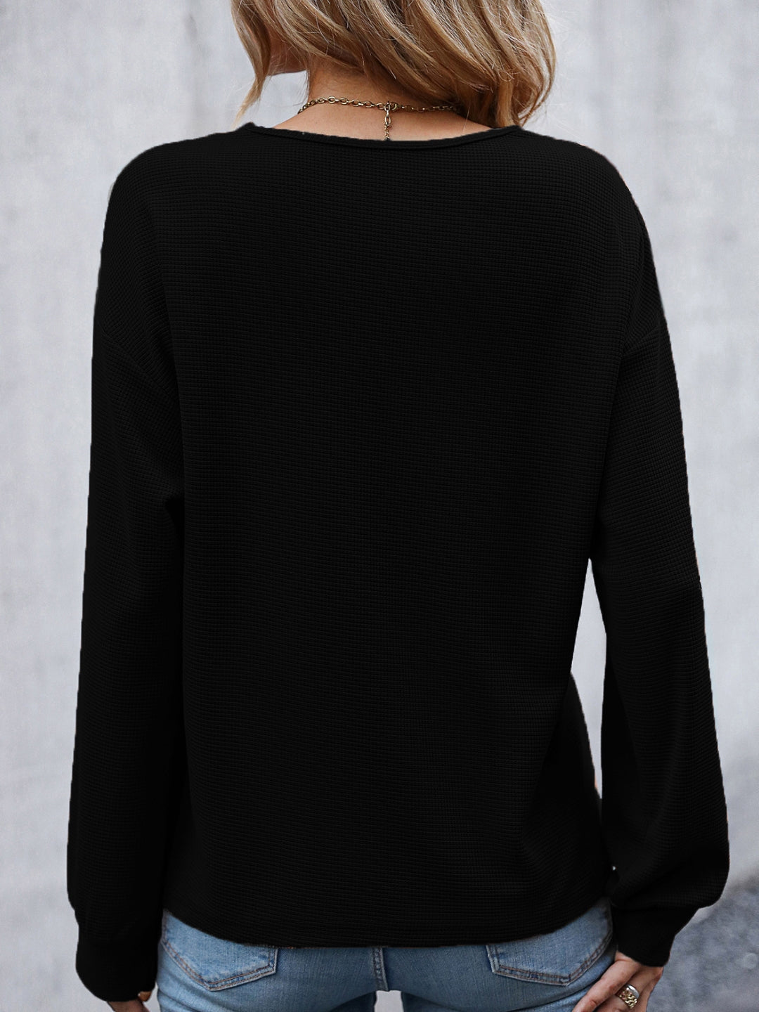 Black V-Neck Solid Long Sleeves Woven Polyester Tops