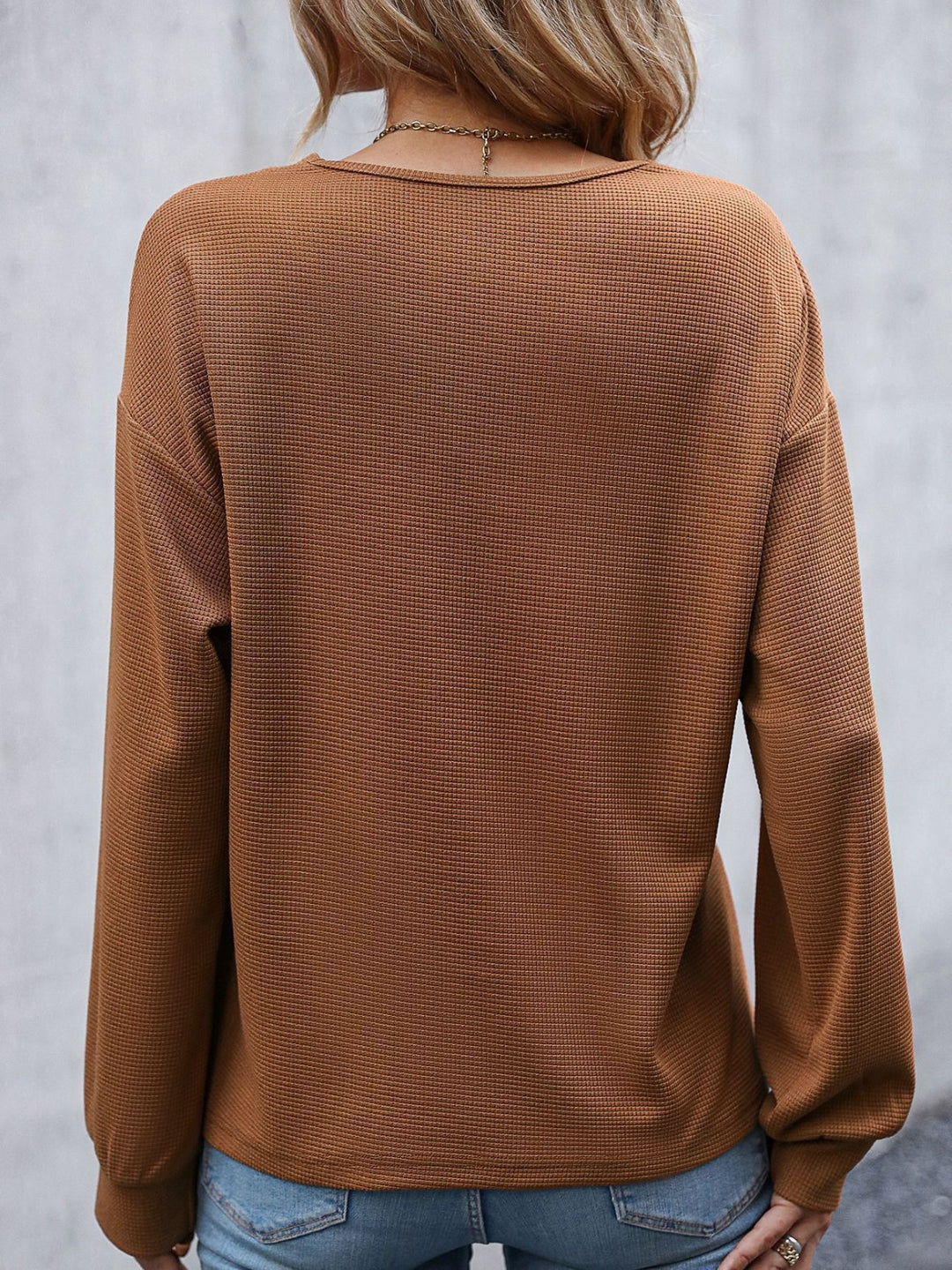 Brown V-Neck Solid Long Sleeves Woven Polyester Tops