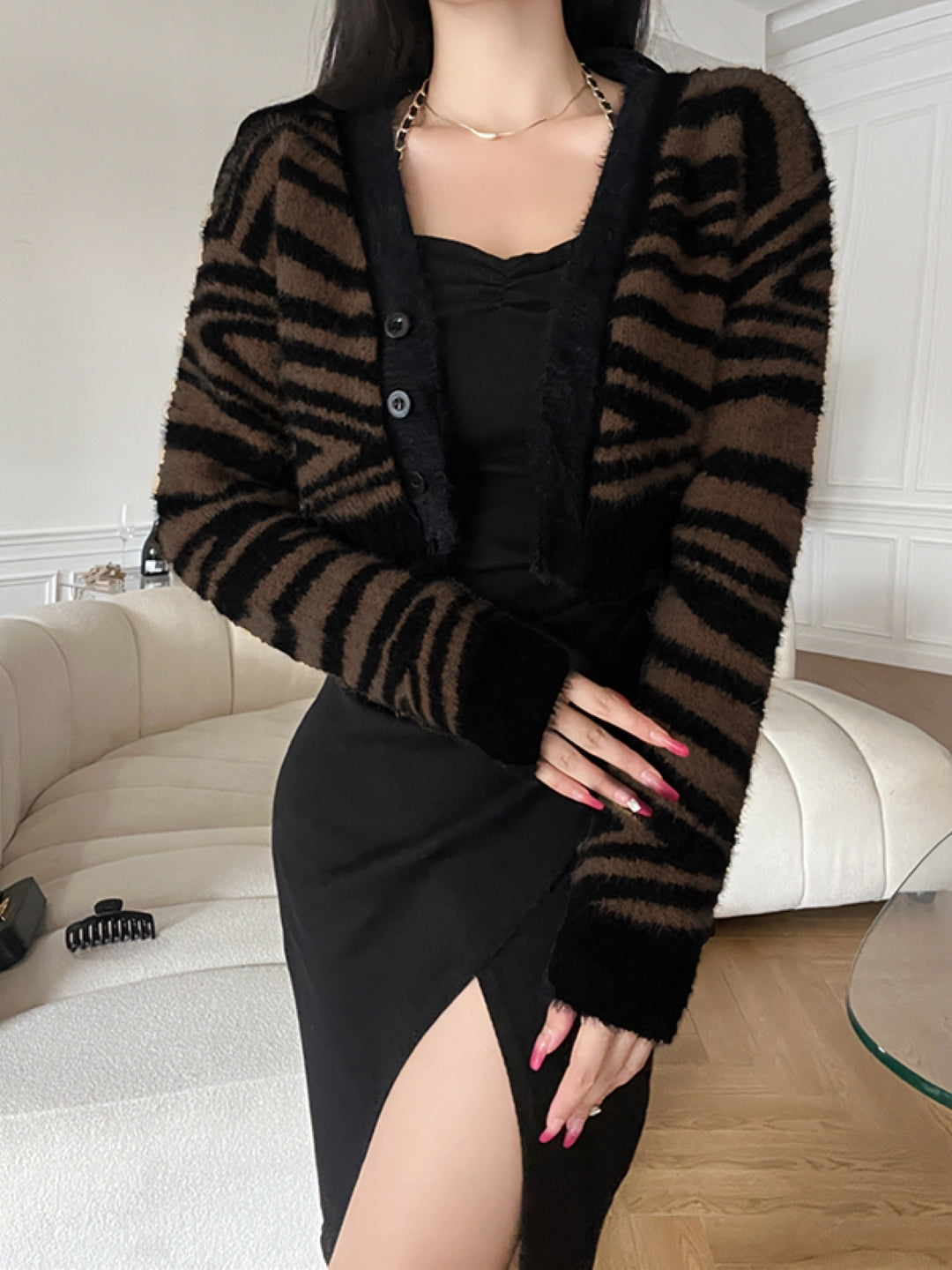 Brown Collarless Long Sleeves Animal Polyester Crop Open Front Jacket