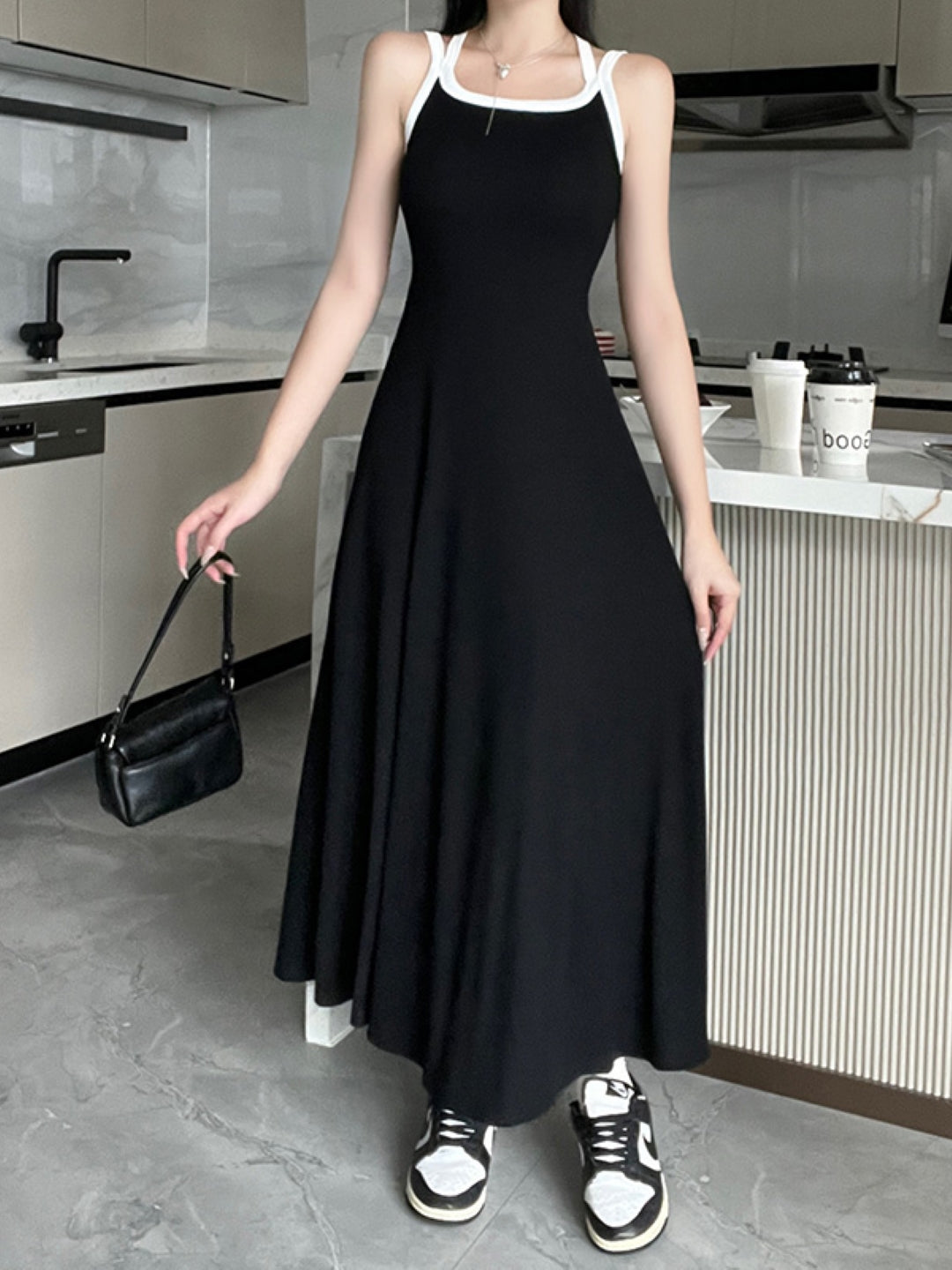 Black Round Neck Solid Sleeveless Maxi A-Line Polyester Dress