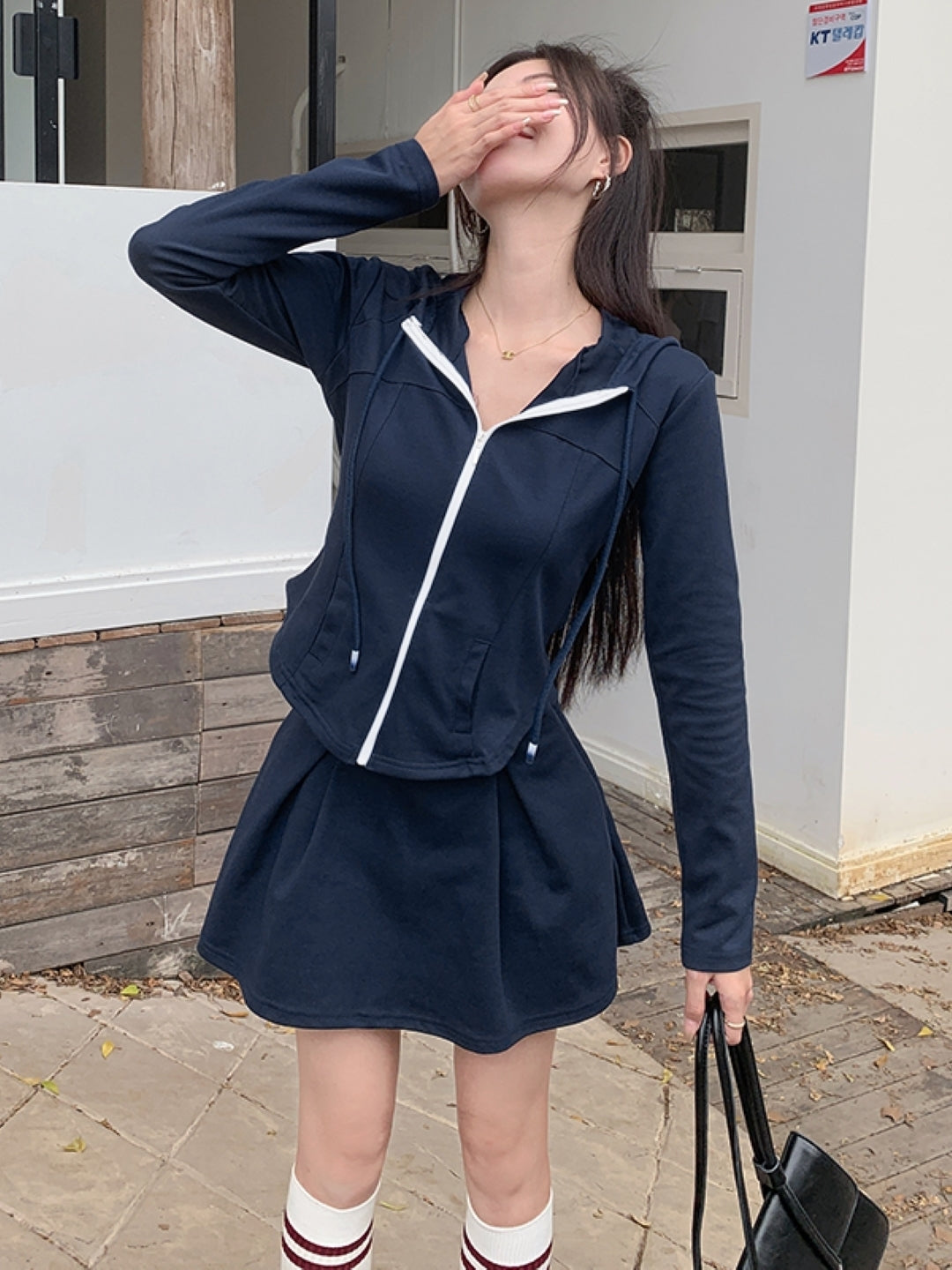 Navy Blue Hood Long Sleeves Top & Skirt Set